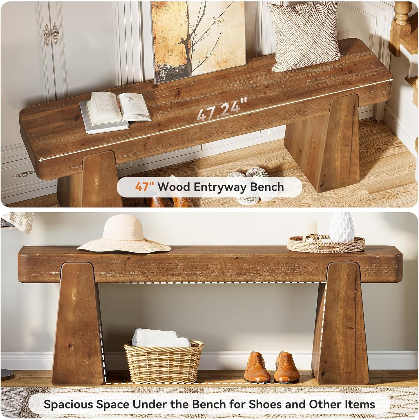 Solid Wood Bench, 47-Inch Farmhouse Wood Entryway Bench with Thickened Legs, Narrow Indoor Wooden Bench for Entry, Hallway, Living Room, End of Bed, Dark Brown