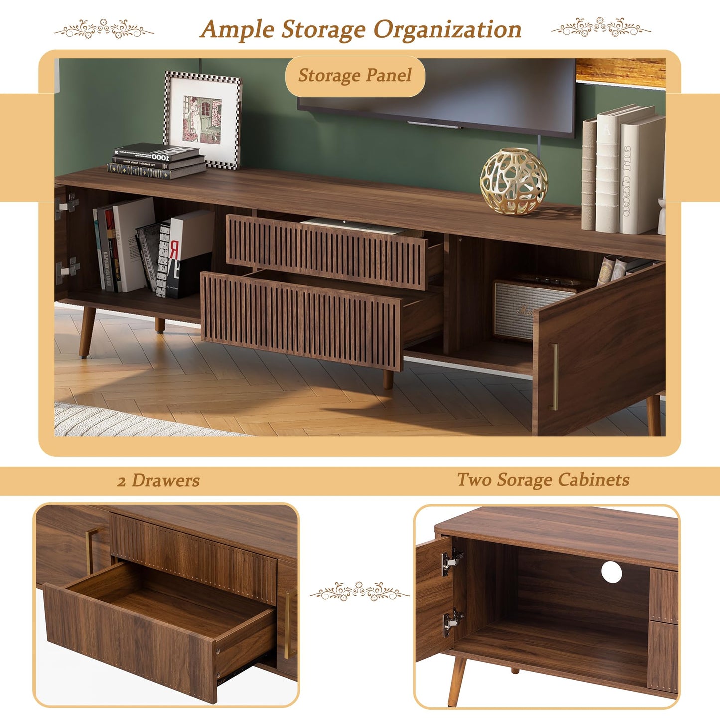 LKTART 67" Mid Century Modern TV Stand for 65/70/75/80" TVs,Entertainment Center with Sliding Doors and Drawers,Media Console for Living Room