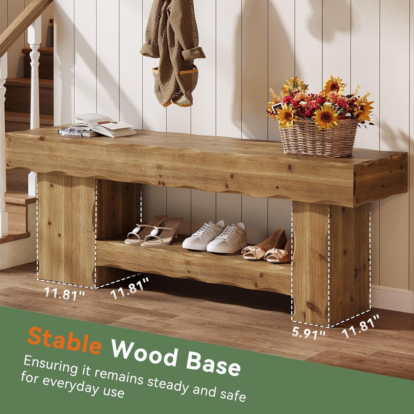 Solid Wood Bench 63" Two Tier Entryway Shoe Rack Bench, End of Bed Bench with Storage, Rustic Wood Bench for Bedroom, Hallway, Living Room, Kitchen, Dining, Rustic Brown