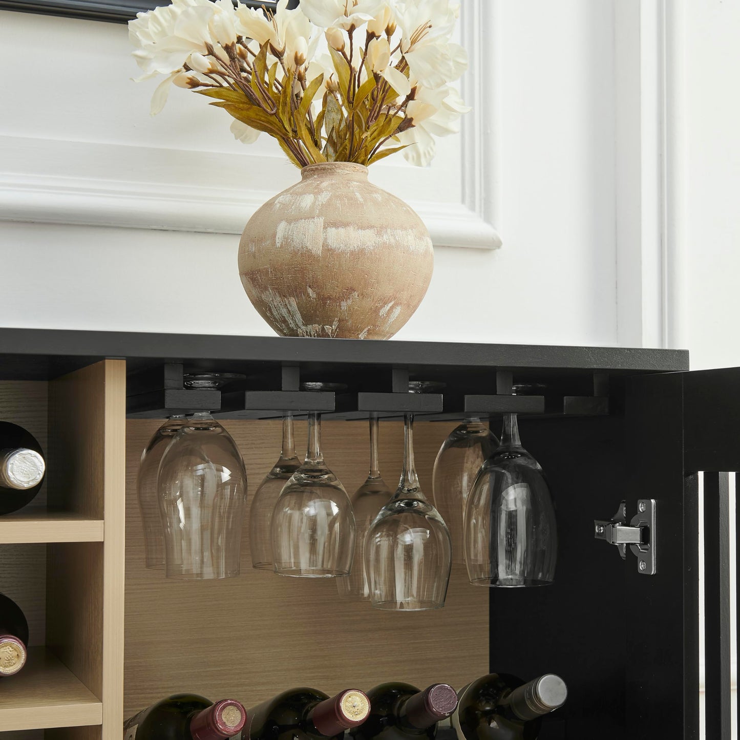 LKTART Wine Cabinet & Coffee Bar with Bottle Holders & Stemware Racks,Liquor Cabinet with Open Storage and Built-in Door Shelves,Bar Cabinet with Solid Wood Legs and Adjustable Shelf