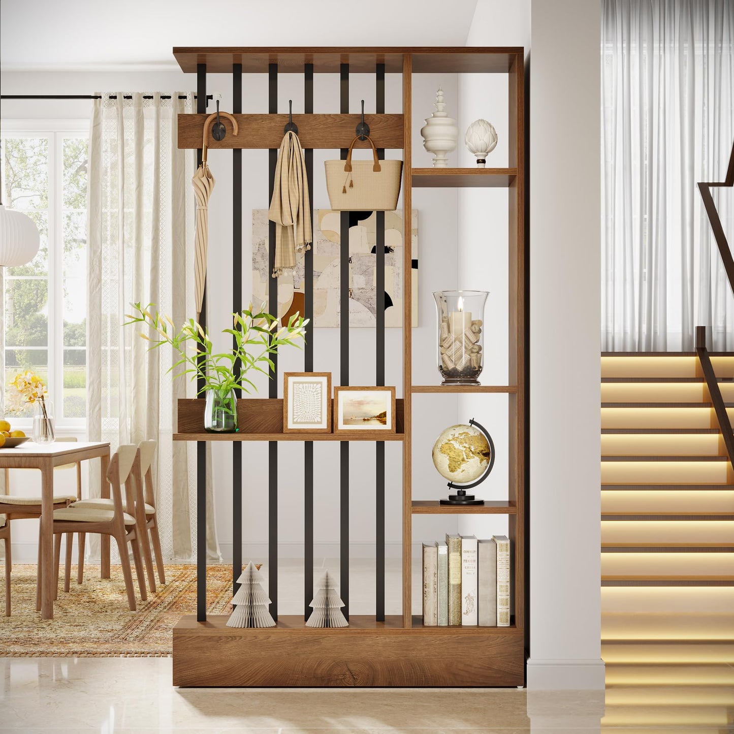 Tribesigns Wall Room Divider, Wood Freestanding Room Divider Bookcase with Shelves & Coat Hooks, 71" Modern Wall Partition for Home & Office Decorative, Brown