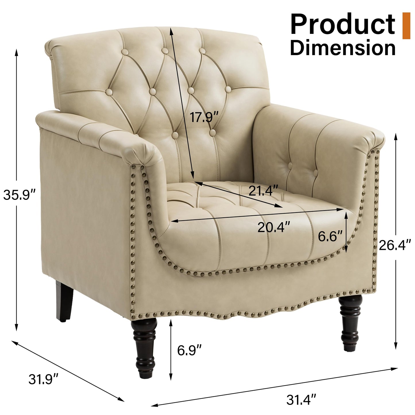 Faux Leather Club Chair, Retro Upholstered Armchair Accent Chair with Solid Wood Legs & Nailhead Trim for Living Room, Bedroom, Reading Room, Camel