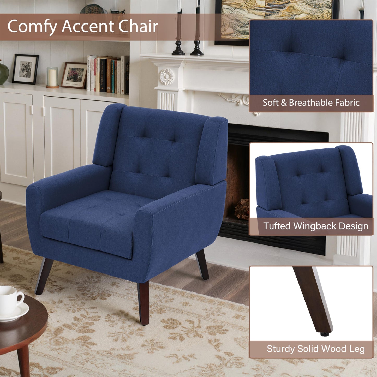 Faux Leather Accent Chairs Set of 2, Mid-Century Modern Upholstered Armchair, Comfy Living Room Chairs Reading Chairs with Button Tufted Back & Solid Wood Legs for Bedroom, Office, Black