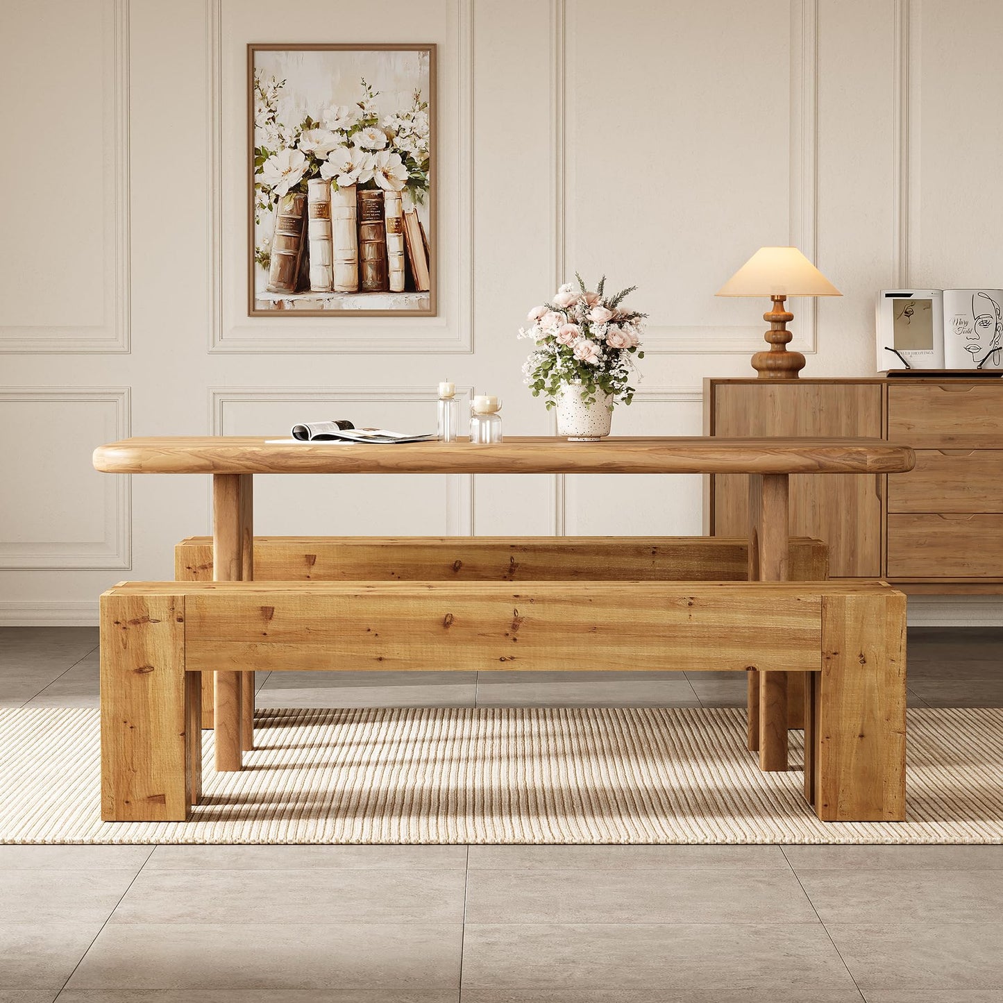 Solid Wood Dining Bench, Farmhouse Heavy Duty Kitchen Table Bench Seat with Sturdy Frame for Dining Room, Kitchen, Entryway (Rustic Brown)