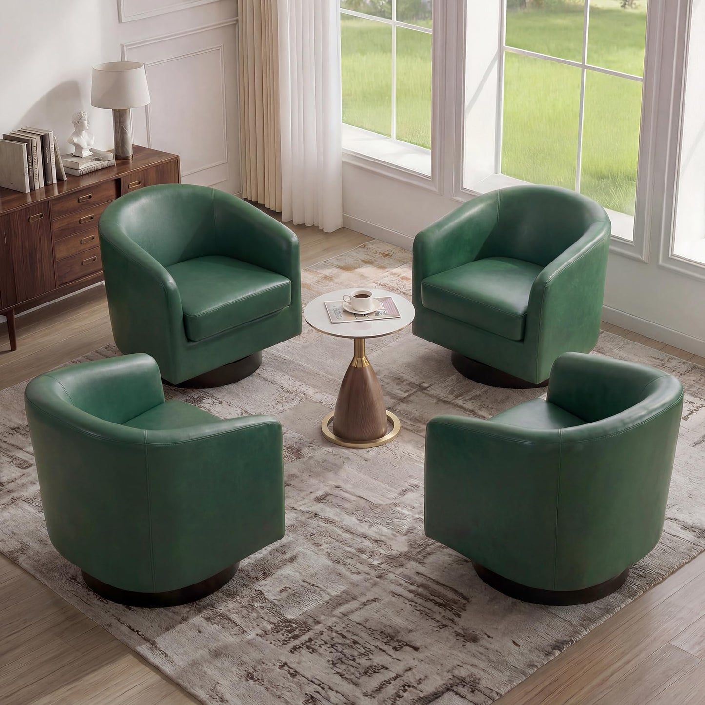 Swivel Barrel Chairs Set of 2, 31" W Modern Faux Leather Round Swivel Accent Chair for Living Room, 360° Rotation Upholstered Armchair Club Chair for Bedroom, Reading Room, Office (Brown)