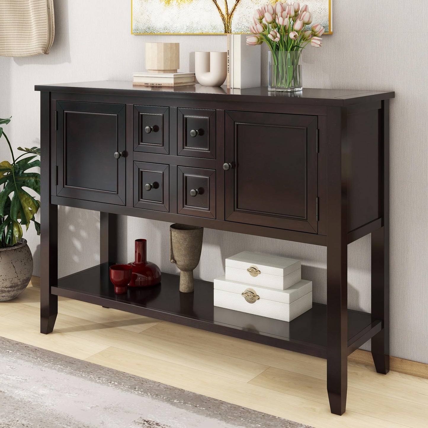 LKTART Farmhouse Sideboard Buffet Cabinet,Solid Wood Sideboard with Storage Drawers and Bottom Shelf,Coffee Bar for Entryway Hallway Foyer,Easy Assembled (46.5" Brown