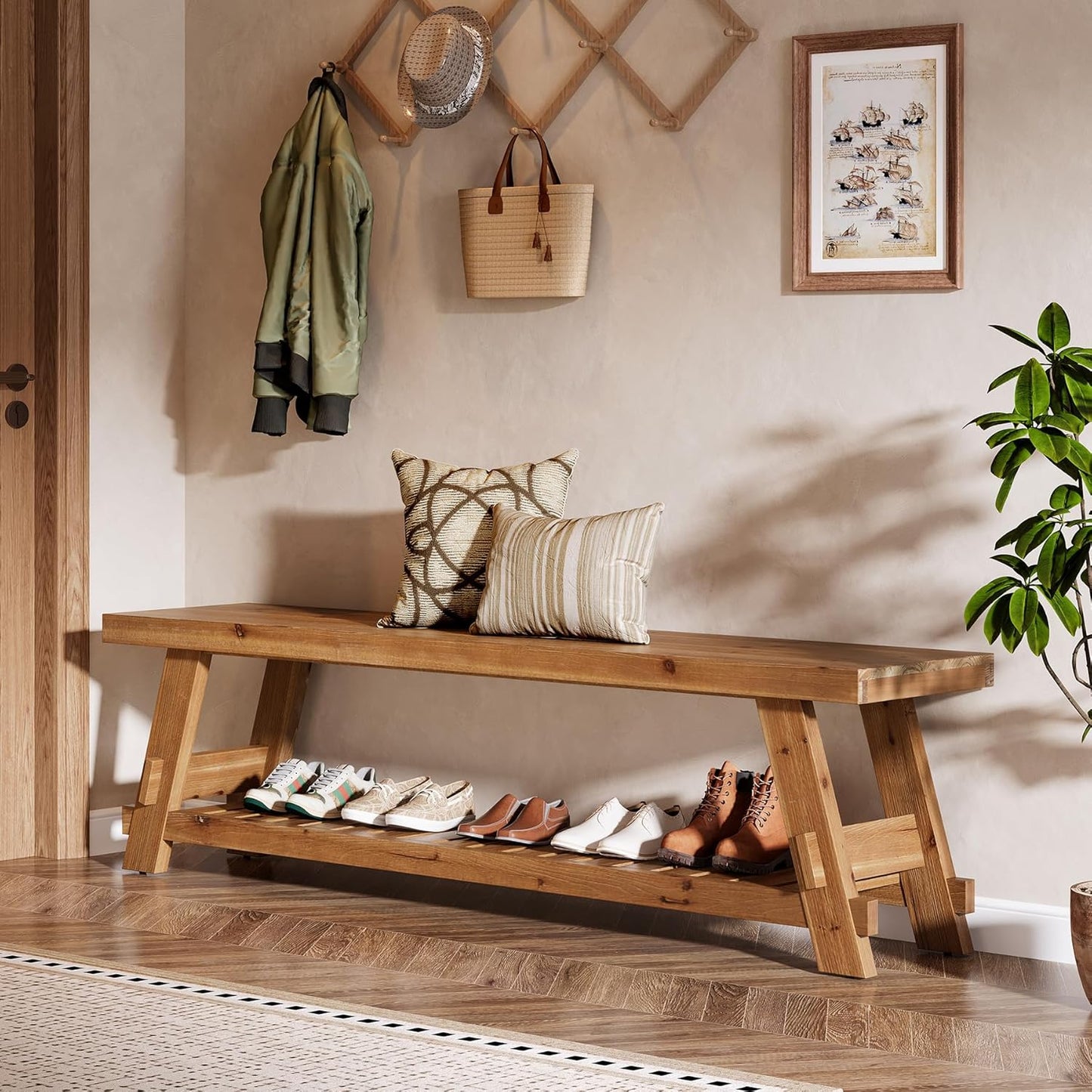 63" Solid Wood Bench, 2-Tier Shoe Rack, Farmhouse Entryway Bench with Shoe Storage, Kitchen Dining Bench, Narrow Shoe Storage Bench for Entryway, Bedroom, Mudroom, Living Room, Rustic Brown