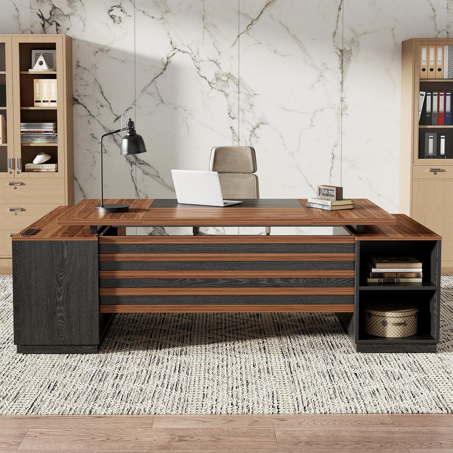 Epecoya L-Shaped Executive Desk with Storage Cabinet and Open Shelf, 78-Inch Home Office Desk with Drawers, Boss Large L-Desk with Power Outlet for Studio, Office, Black Brown