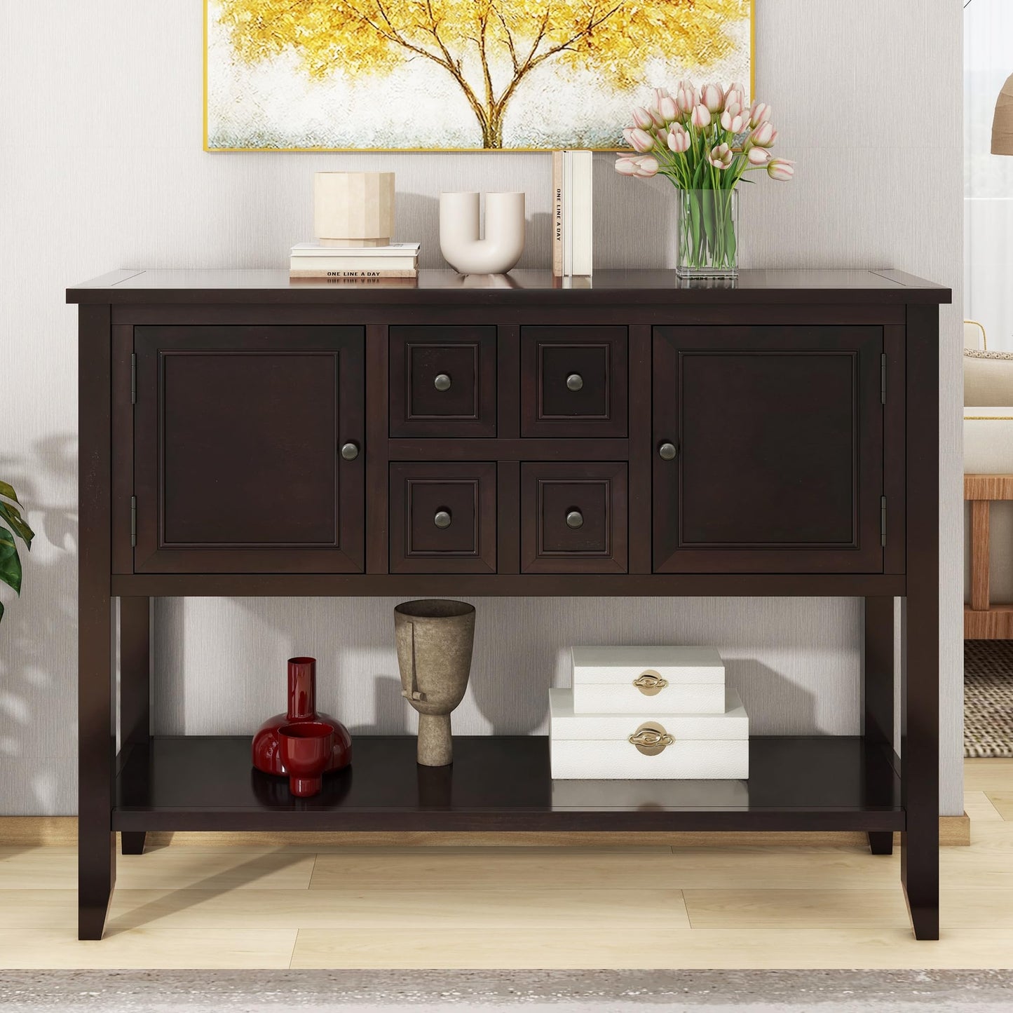 LKTART Farmhouse Sideboard Buffet Cabinet,Solid Wood Sideboard with Storage Drawers and Bottom Shelf,Coffee Bar for Entryway Hallway Foyer,Easy Assembled (46.5" Brown