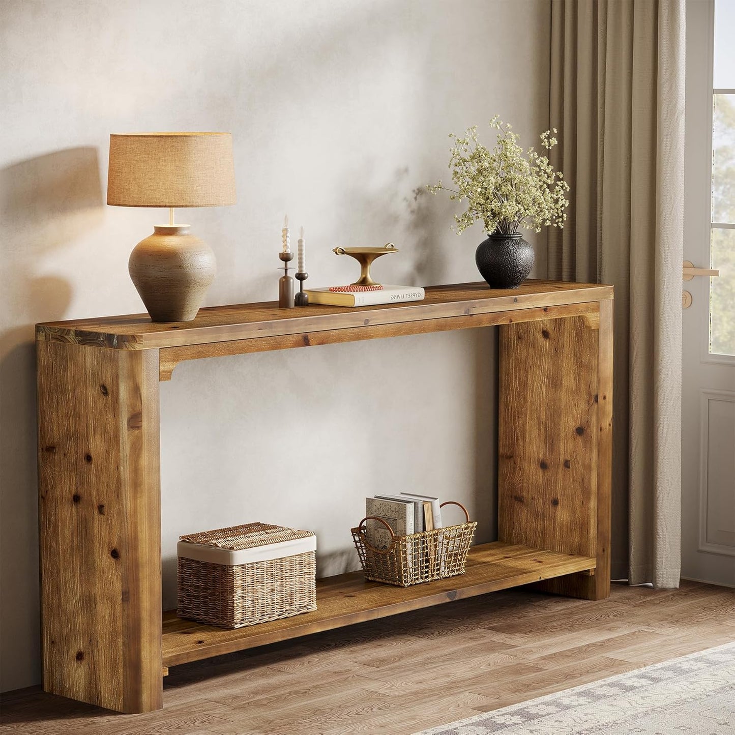 2-Tier Wooden Sofa Table, 63" Behind the Couch Table, Farmhouse Console Table, Solid Wood Entryway Table with Storage for Living Room, Entrance, Foyer, Hallway (Rustic Brown)