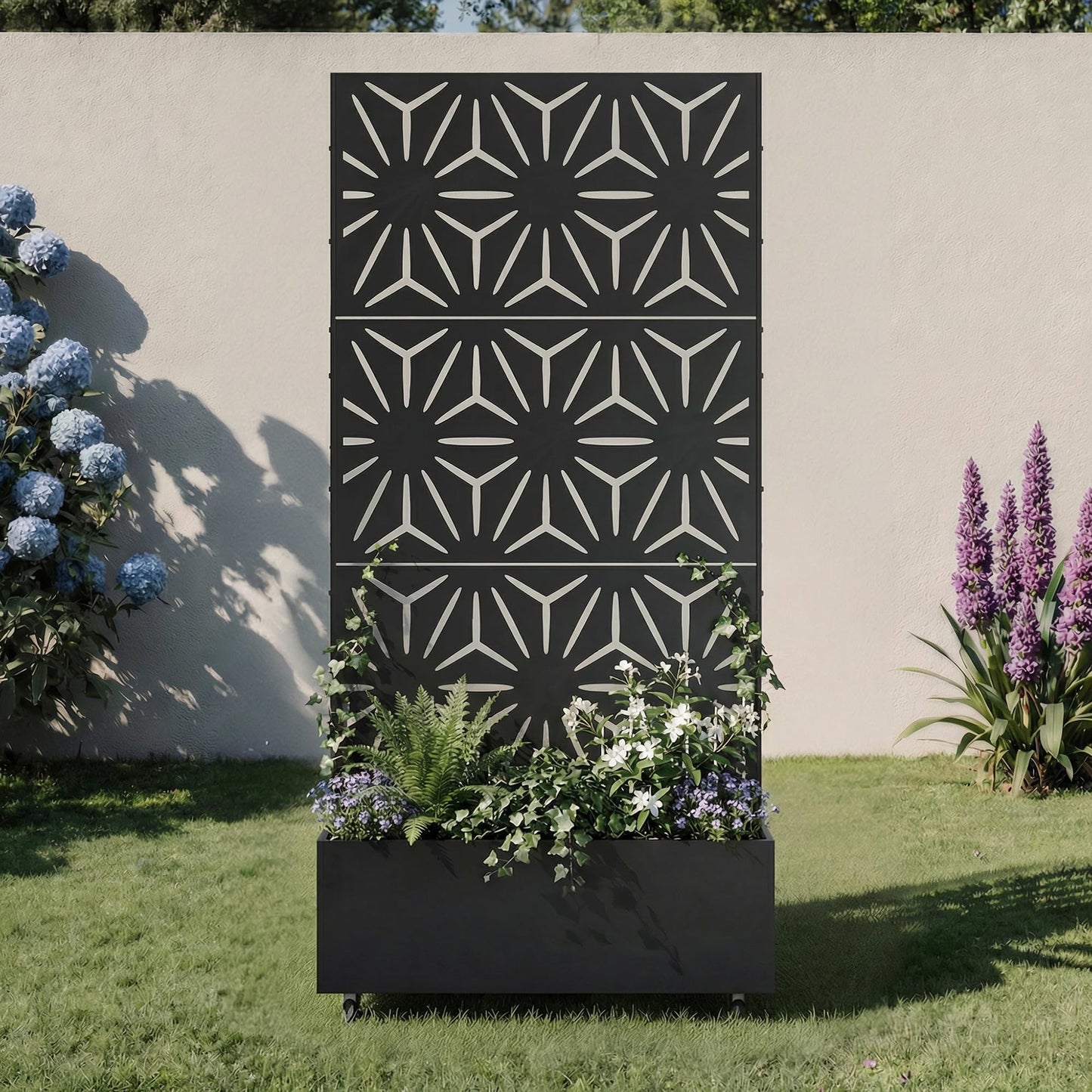 Metal Raised Garden Bed with Trellis and Wheels, 71"x47"x16" Planter Box with Privacy Screen & Drainage Holes, Arched Outdoor Garden Bed for Climbing Plants, Vegetables, Flowers (Black-Square)