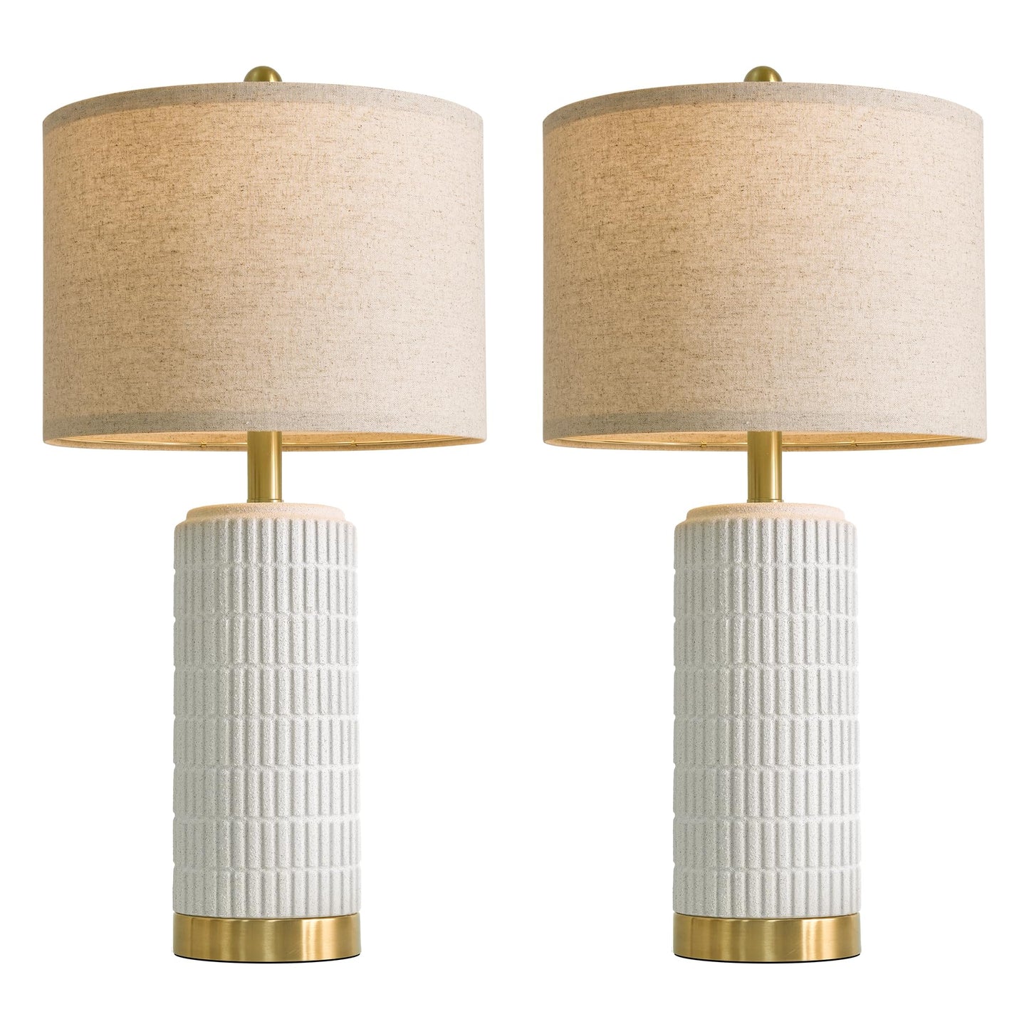 PoKat Small Bedside Table Lamps Set of 2 for Bedroom Living Room, 21.5'' Modern Ceramic Nightstand Lamps with Gold Base, Farmhouse Table Lamps for Office End Side Table Console, White and Beige