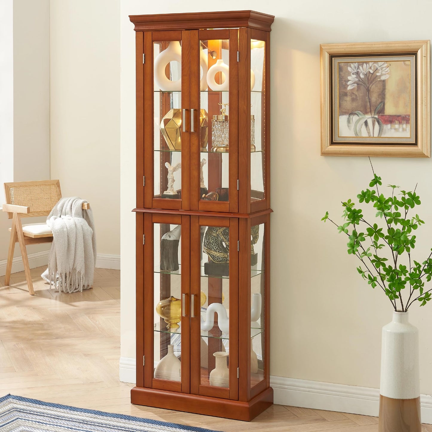 LKTART Curio Glass Display Cabinet with Lighted and Mirrored Back Panel,China Cabinets with Glass Doors,Tall Storage Cabinets with Adjustable Shelves for Curio Collectibles Storage(Cherry)