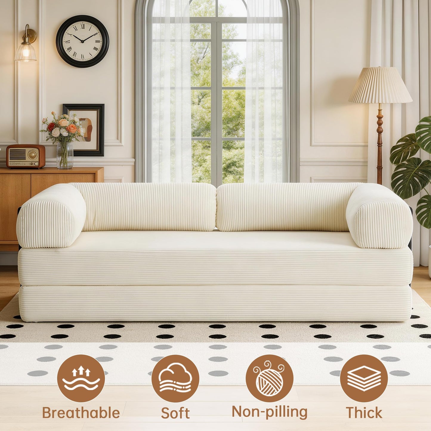 79'' Convertible Sleeper Sofa Bed, 4-in-1 Corduroy Folding Floor Couch, No Assembly Modular Boneless Loveseat with Pull Out Bed, Comfy Foldable Sofa Bed for Living Room Bedroom Guest Room, Gray