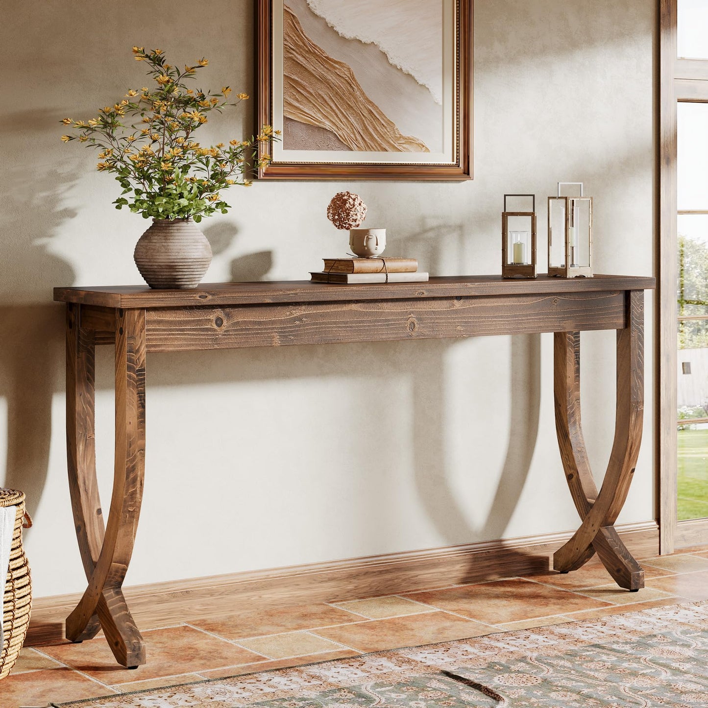 Solid Wood Console Table for Entryway, 63-Inch Narrow Long Sofa Table, Farmhouse Hallway Table for Living Room, Entrance, Foyer (Brown)