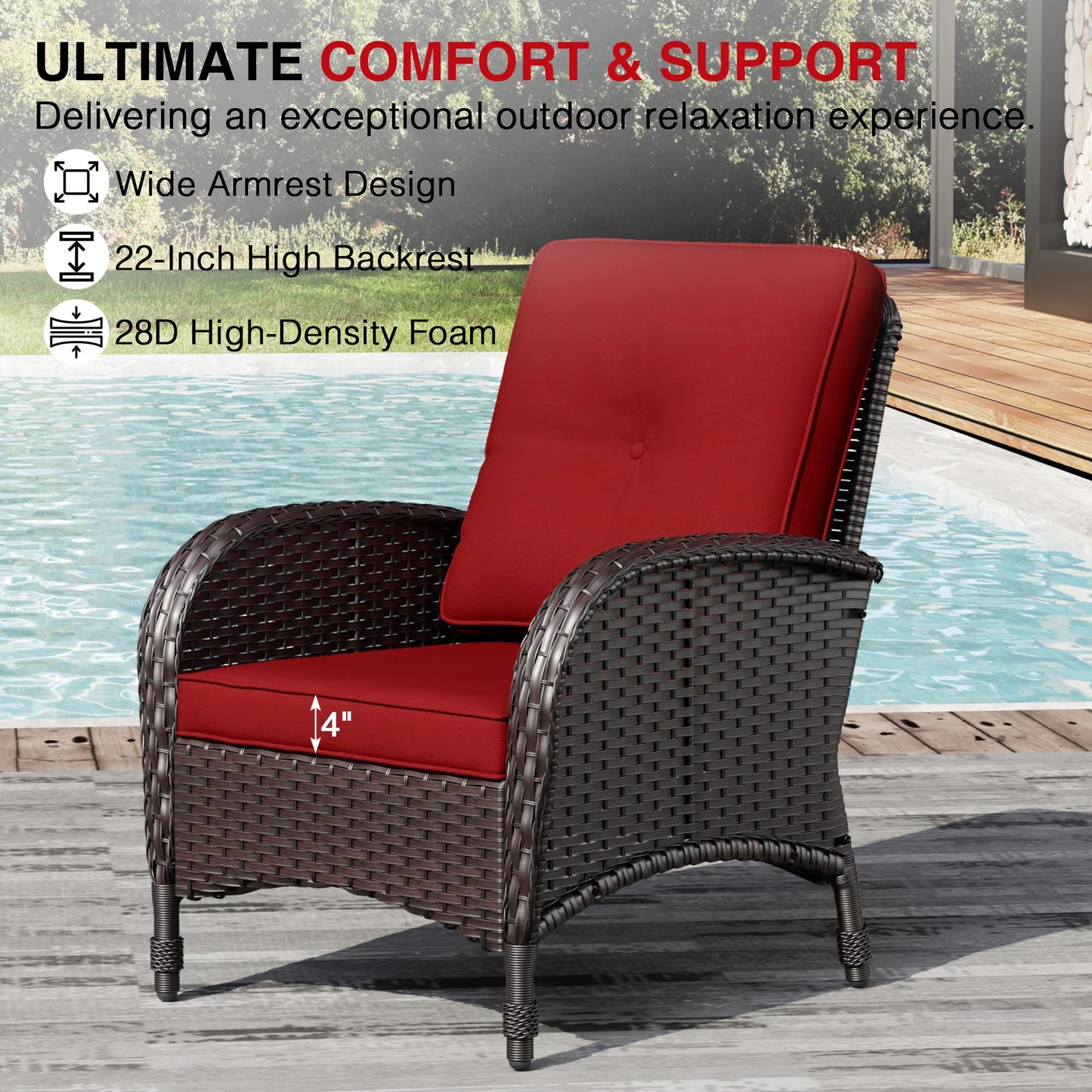 Joyside Wicker Patio Chairs Set of 2, Rattan Outdoor Furniture with Thickened Cushions, High Back, Deep Seating, Wide Armrest, Outdoor Chairs for Porch, Deck