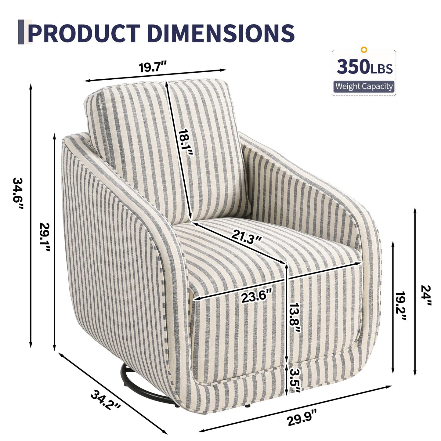 IOMOR Swivel Barrel Accent Chair, 360 Degree Comfy Swivel Reading Chair with Removable Back, Modern Sofa Chair with Oversize Base for Living Room, Bedroom, Office, Fully Assembled (1, Blue Stripe)