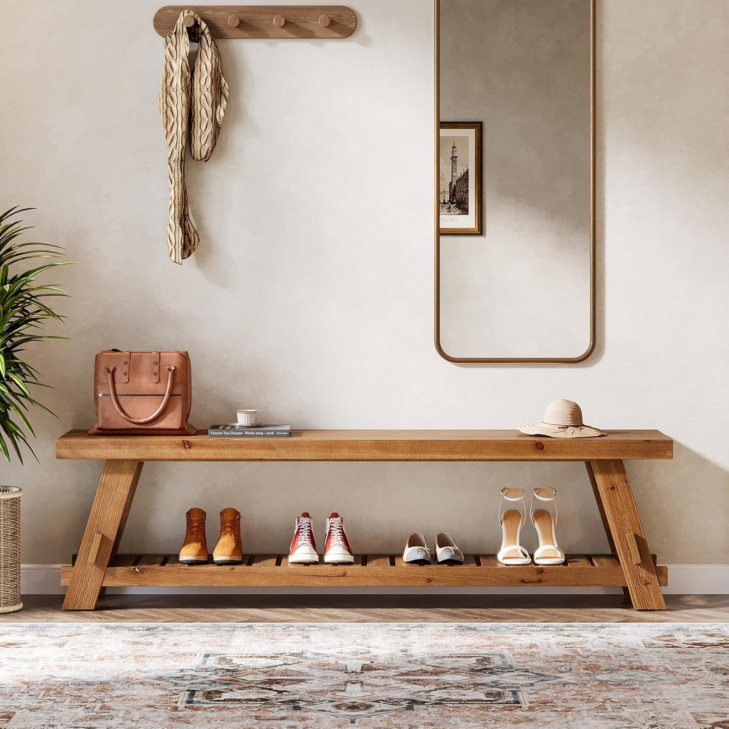 63" Solid Wood Bench, 2-Tier Shoe Rack, Farmhouse Entryway Bench with Shoe Storage, Kitchen Dining Bench, Narrow Shoe Storage Bench for Entryway, Bedroom, Mudroom, Living Room, Rustic Brown