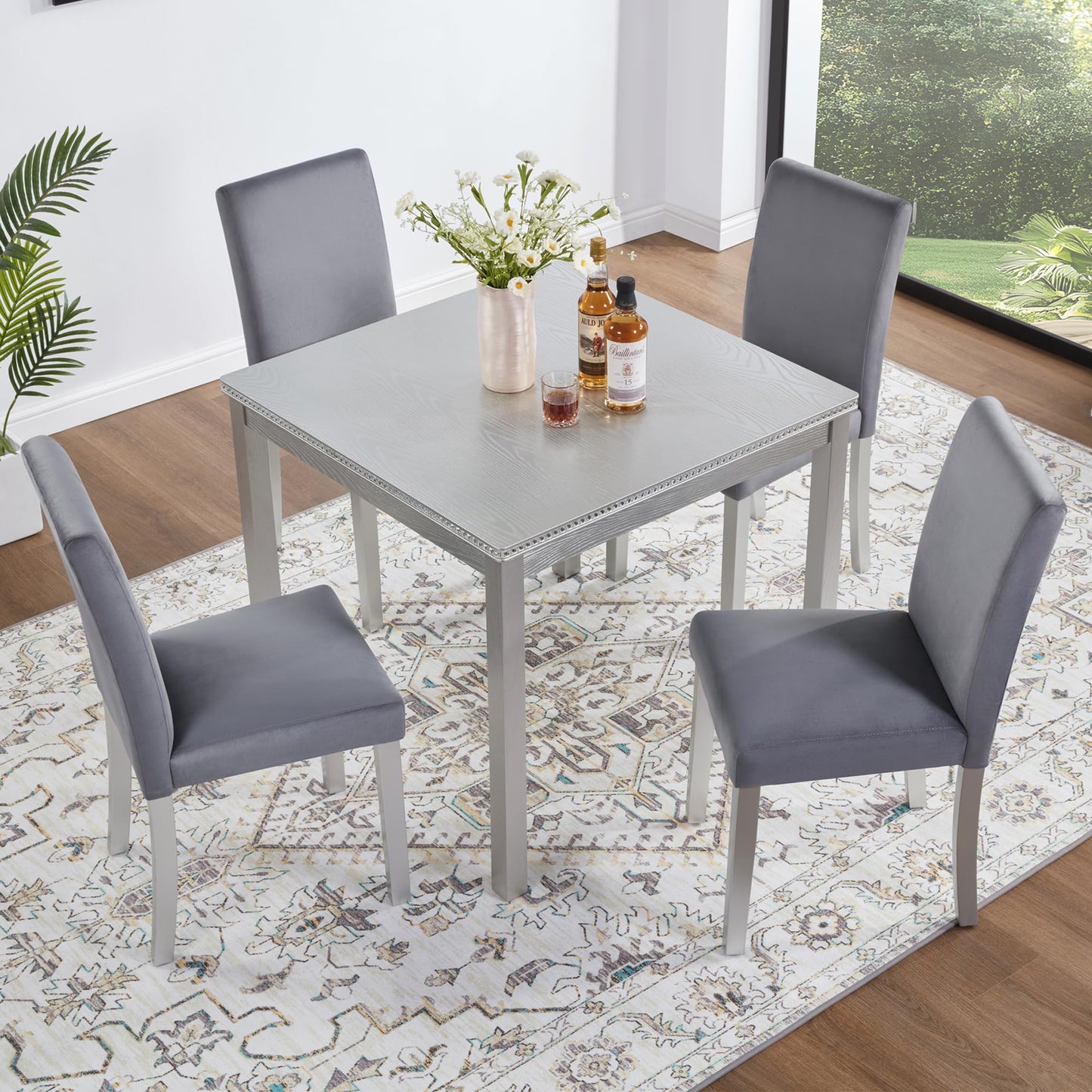 LKTART 5-Piece Kitchen & Dining Room Table and Chairs Sets,Small Square Kitchen Table with 4 Upholstered XX-Shaped Backrest Chairs,Walnut