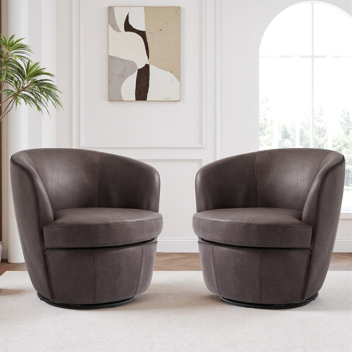 360° Swivel Barrel Accent Chair, Faux Leather Round Swivel Chair for Living Room, Comfy Upholstered Armchair Single Sofa Club Chair for Bedroom Reading Room, No Assembly Required - Light Brown