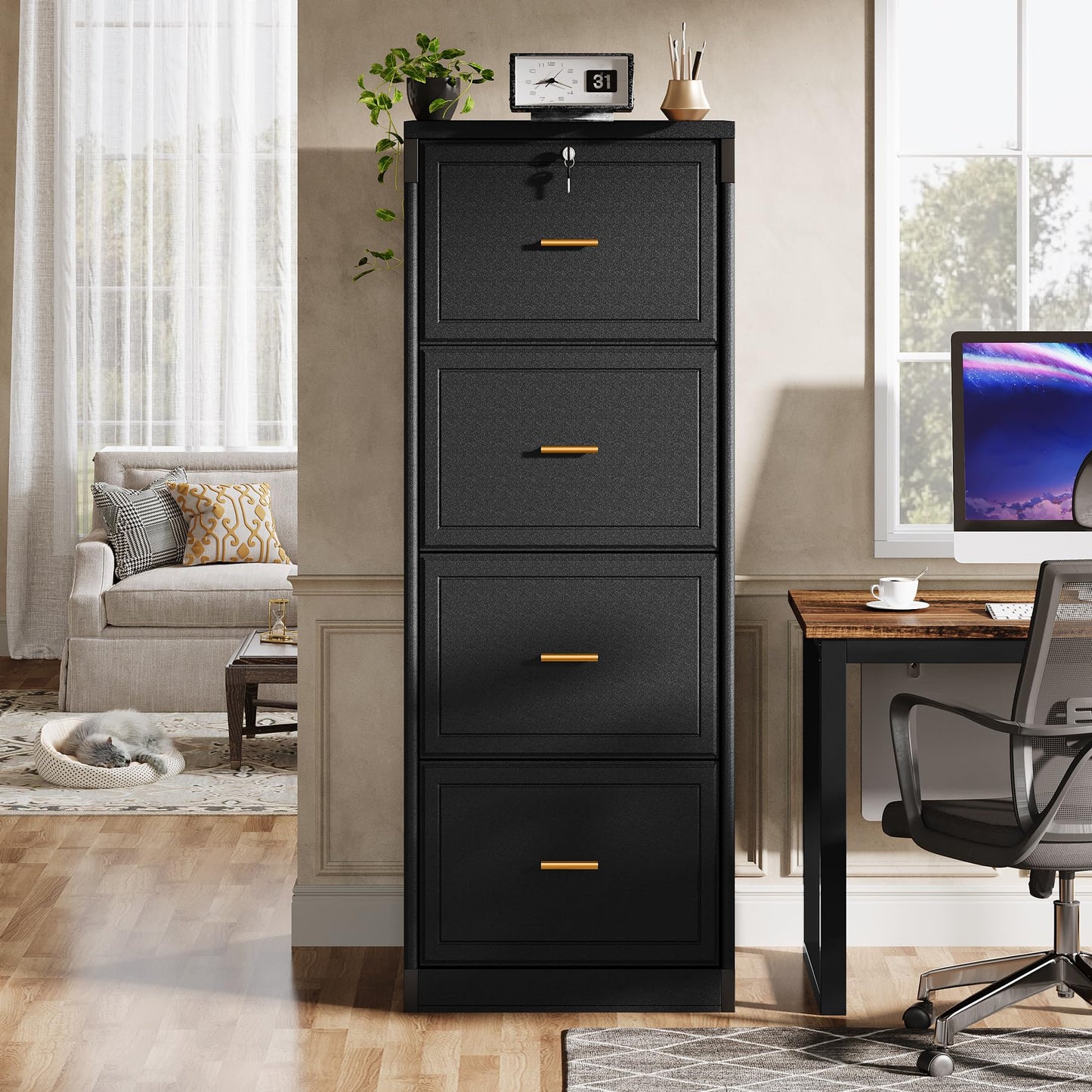 Tribesigns 4-Drawer File Cabinet with Lock, Locked File Cabinet with Key, Tall Wooden Filing Cabinets for Home Office, Vertical Office Storage for Legal Size/Letter/A4/Files, Brown