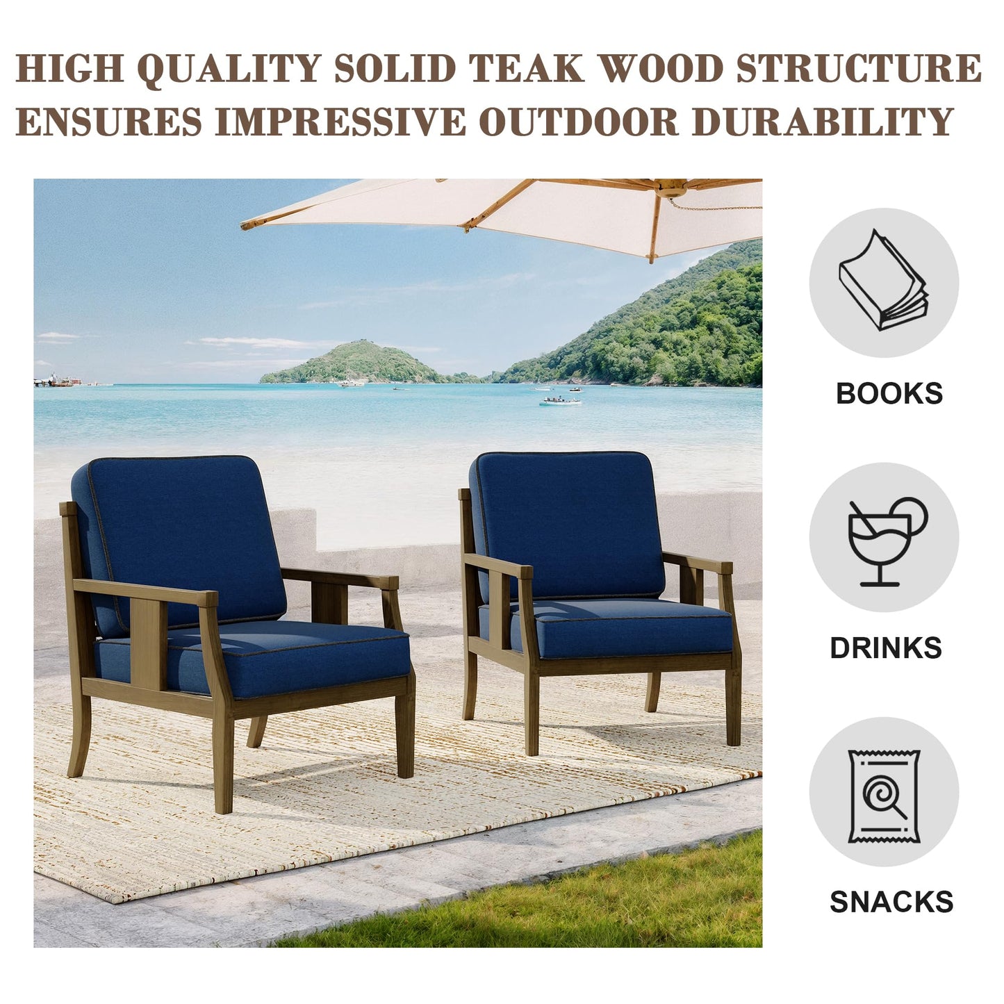 Outdoor Patio Armchairs Set of 2, All-Weather Solid Wood Patio Furniture Sets, Outdoor Sofa Chairs with Washable Thick Cushions for Porch, Balcony, Deck, Black Frame & Gray Cushion