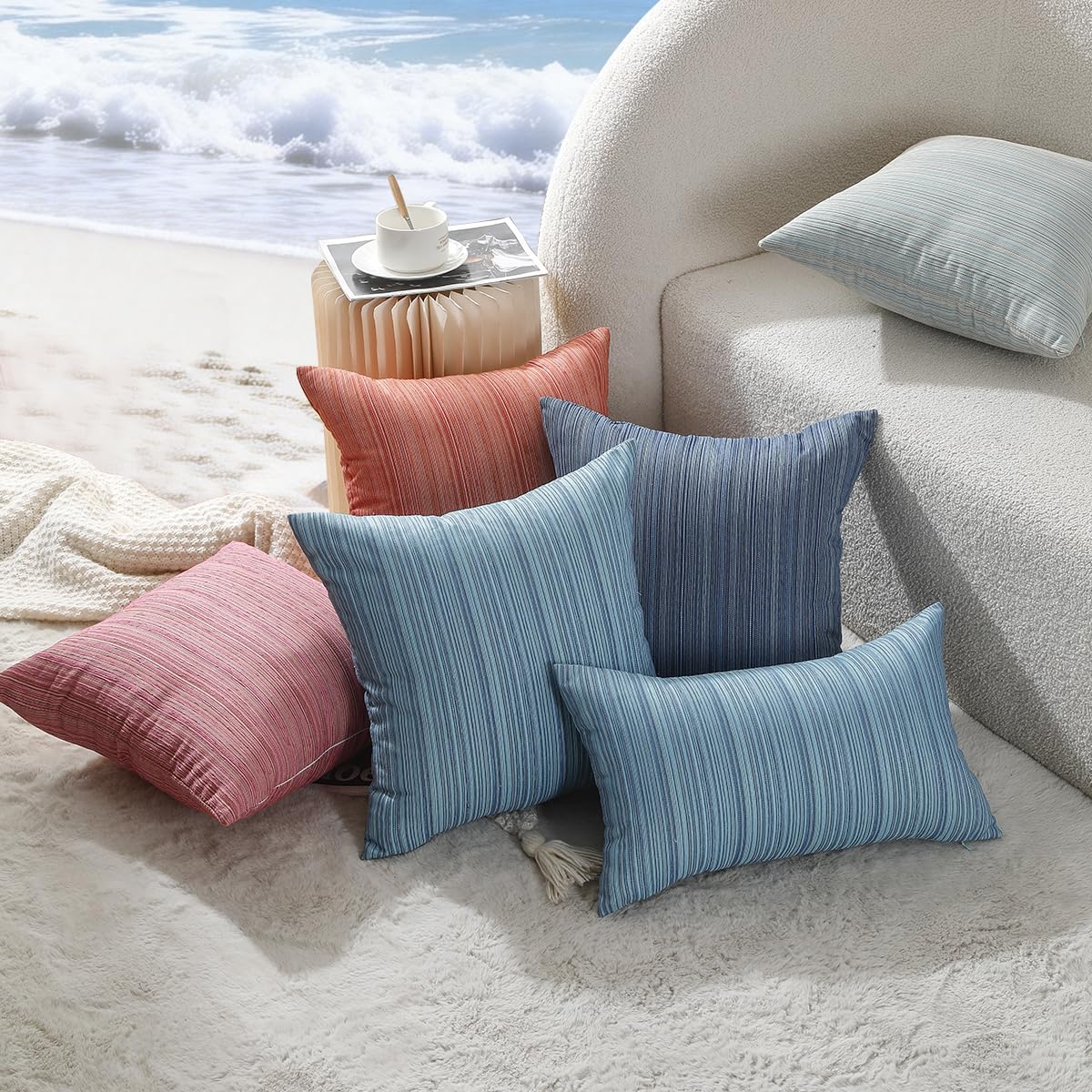 VAKADO Outdoor Waterproof Throw Pillow Covers 18x18 Set of 2 Decorative Outside Patio Furniture Cushion Cases Decor for Garden Bench Porch Couch Tent Chair Stripe Blue