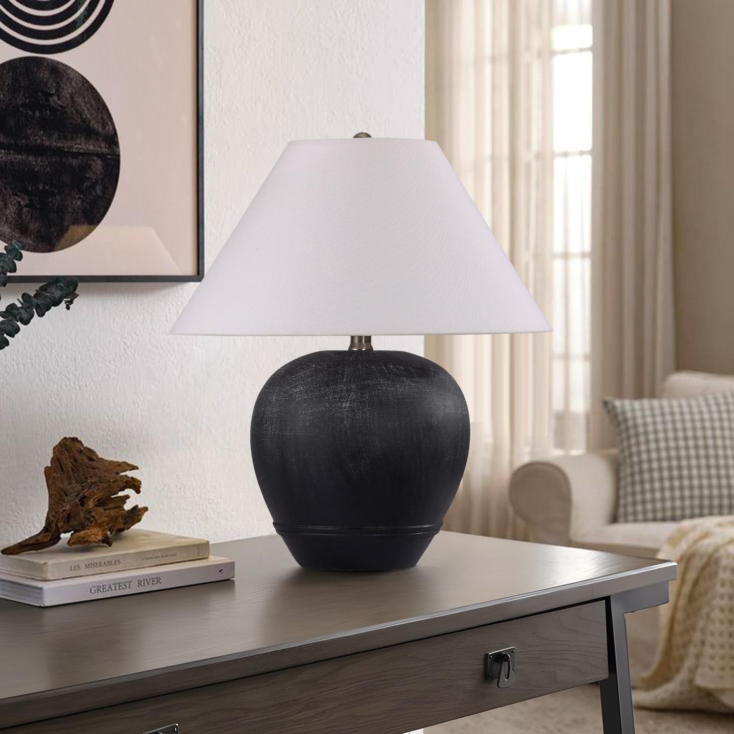 Farmhouse Ceramic Table Lamp, 21" Rustic Table Lamp with Linen Shade, 3-Way Dimmable Bedside Nightstand Lamps for Bedroom, Living Room, E26 Socket, Dark Grey