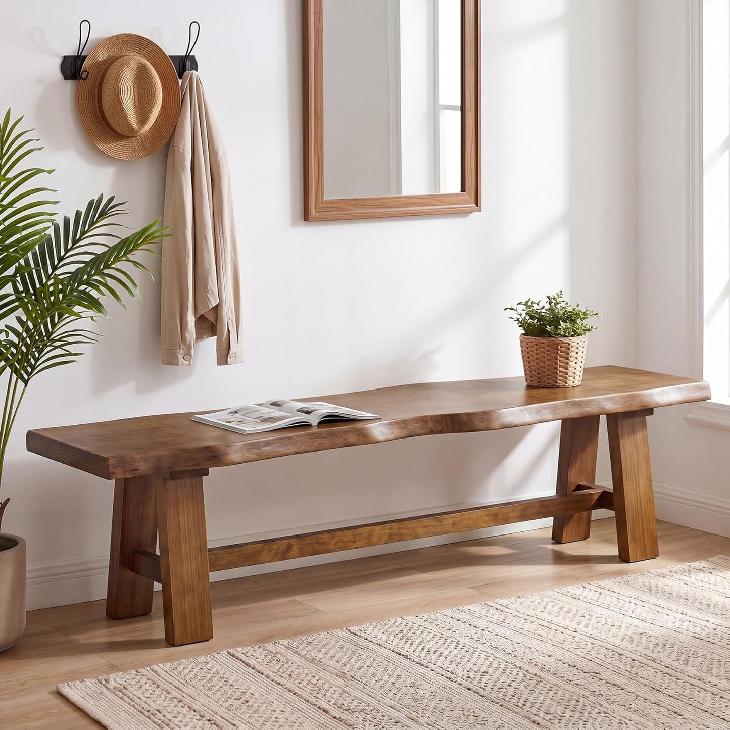 Solid Wood Entryway Bench, 63" Long Bed Bench with Angled Legs, Farmhouse Seating Benches for Entryway, Bedroom, Dining Room, Living Room, Rustic Brown