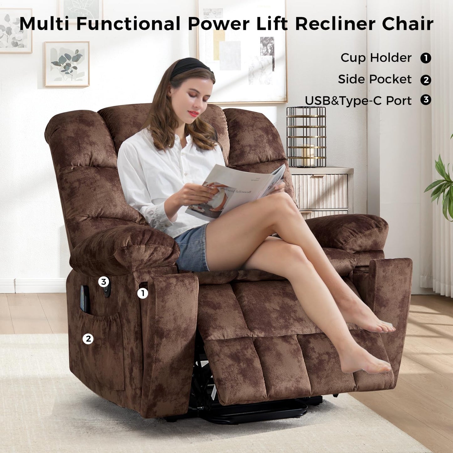 IOMOR Large Power Lift Recliner with Massage and Heat for Elderly, Heavy Duty & Safety Motion Reclining Mechanism, Ergonomic Electric Wider Chair with USB Port, 2 Hidden Cup Holders (1, Brown)
