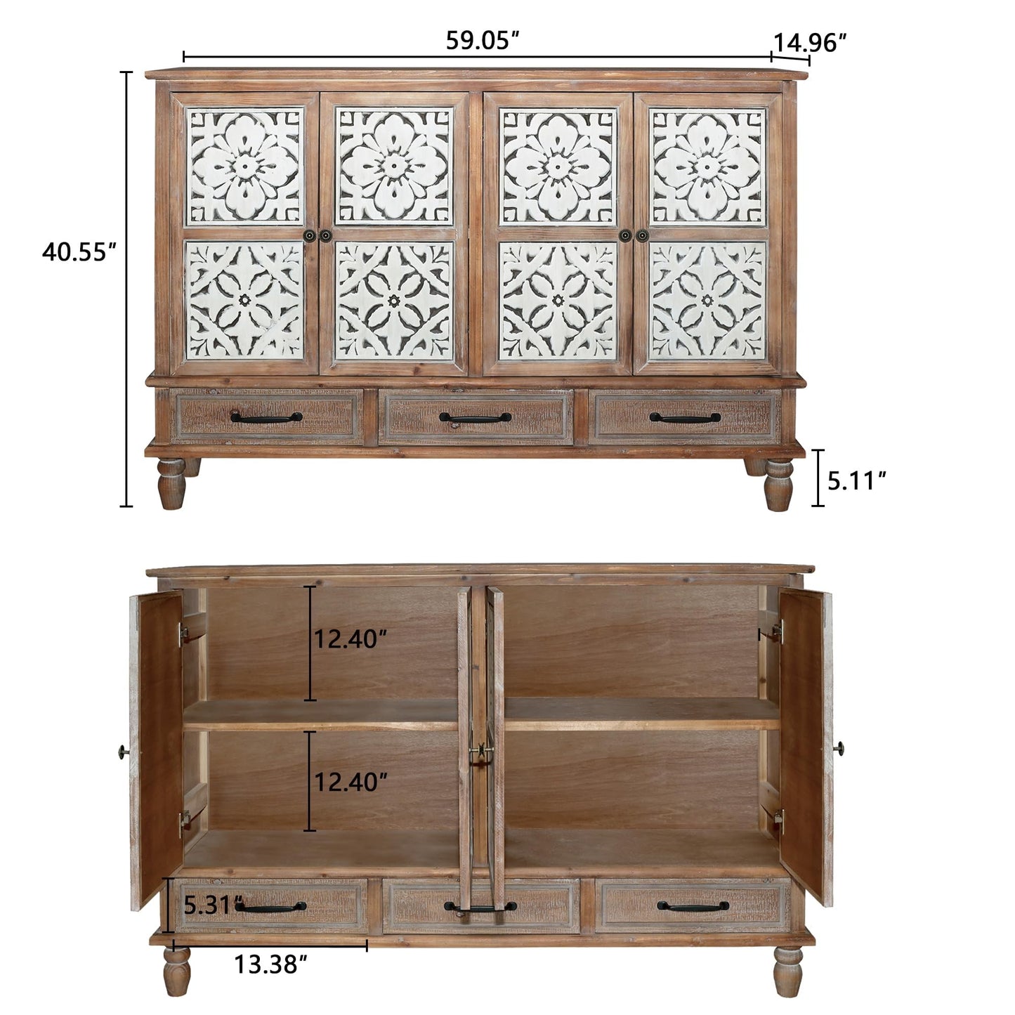 LKTART 60" Farmhouse Sideboard Buffet,Solid Fir Wood Frame with Hollowed-Out Carved Doors,Hand-Distressed Design,Versatile Storage Cabinet for Kitchen, Living Room,Natural Wood