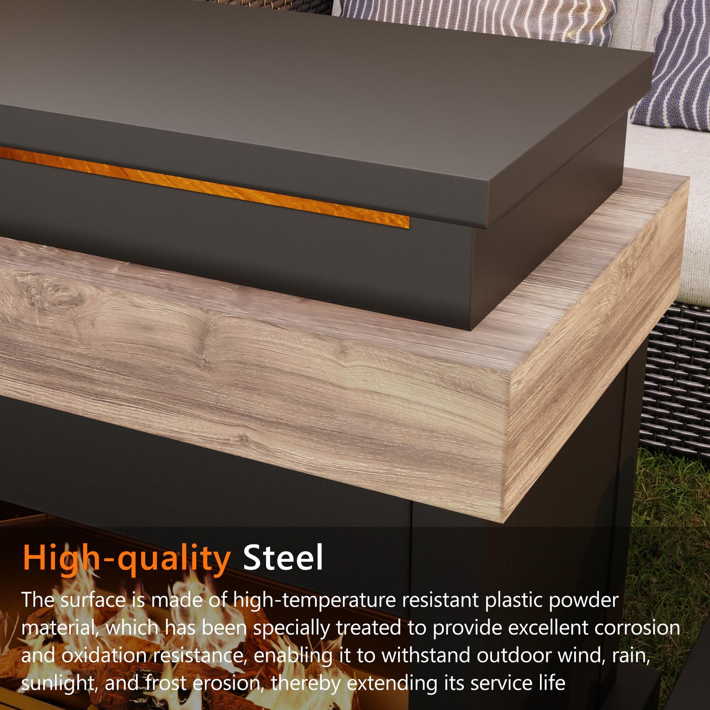 47.3''x35.5'' Outdoor Propane Fireplace, 50,000 BTU Vent-Free Gas Heater, CSA Certified Grey & Black Weather-Resistant Steel, Realistic Ceramic Logs, Rain Cover Included