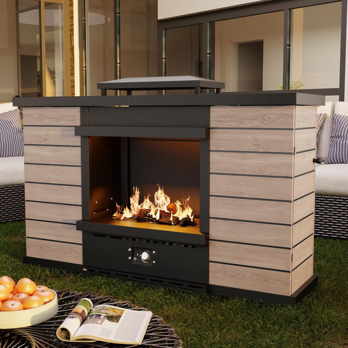 47.3''x35.5'' Outdoor Propane Fireplace, 50,000 BTU Vent-Free Gas Heater, CSA Certified Grey & Black Weather-Resistant Steel, Realistic Ceramic Logs, Rain Cover Included