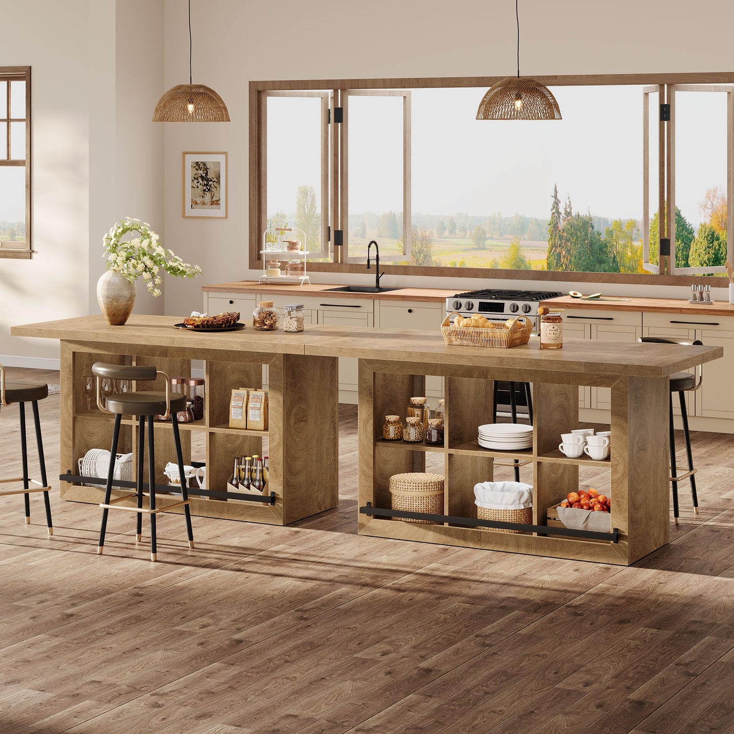 Tribesigns Kitchen Island with Storage, Counter Height Kitchen Island Table with 6 Open Cubbies and Footrests, Coffee Bar Table for Dining Room, Black&Brown
