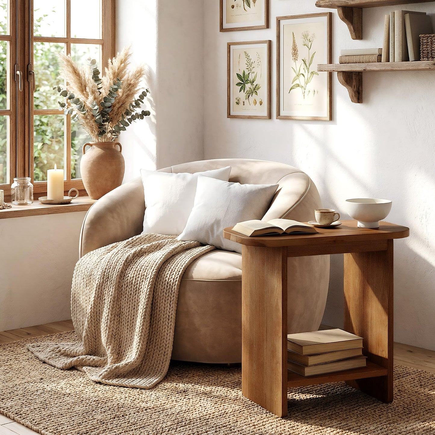 Genuine Solid Wood Side Table Set of 2, H-Shaped 2-Tier End Table with Storage Shelf, Farmhouse Narrow Nightstand for Living Room, Bedroom, Couch & Armchair (2 Products)