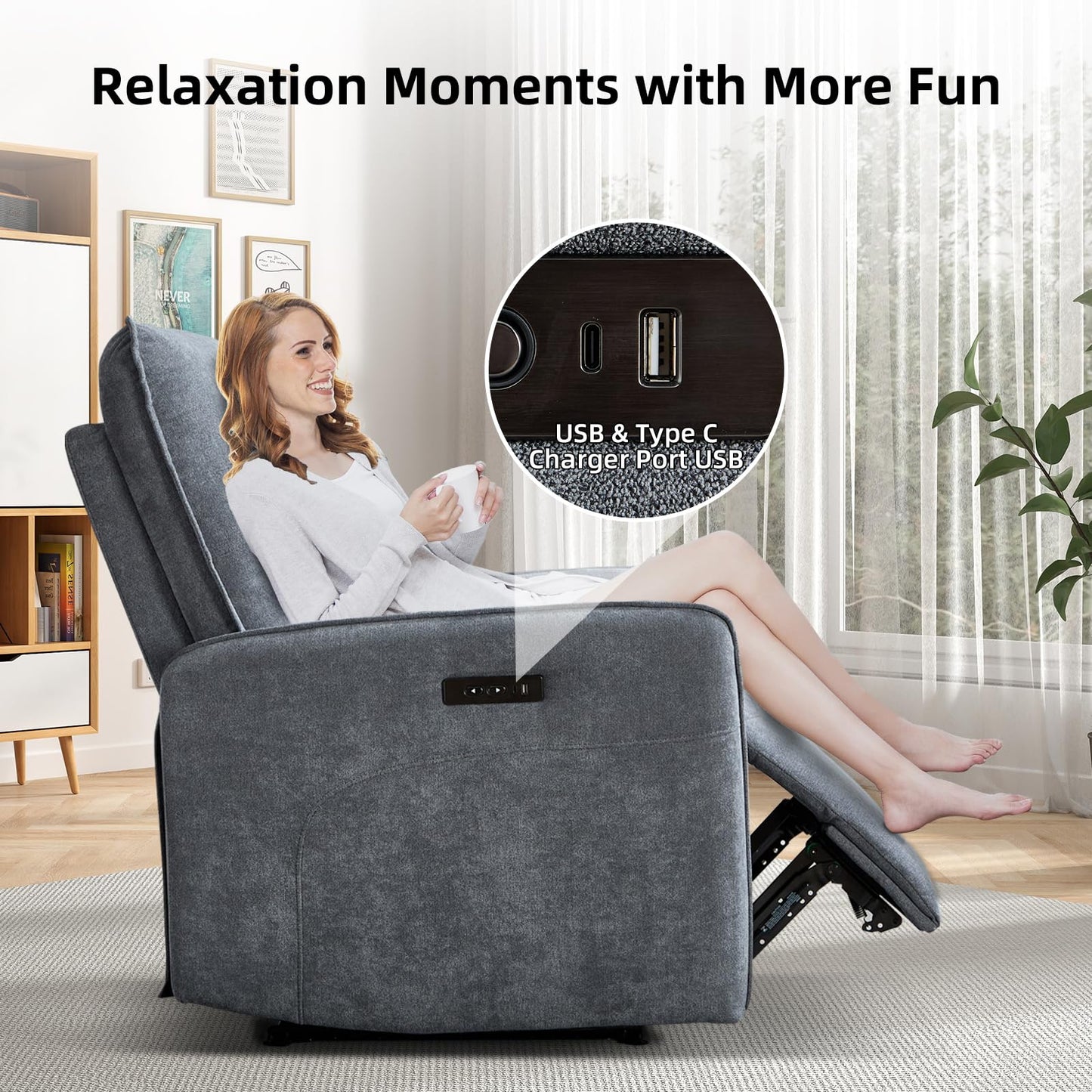 IOMOR Power Recliner Chair for Adults, Electric Recliner with USB Tape-C Ports, Zero Wall Single Reclining for Small Space, Living Room (1, Grey)