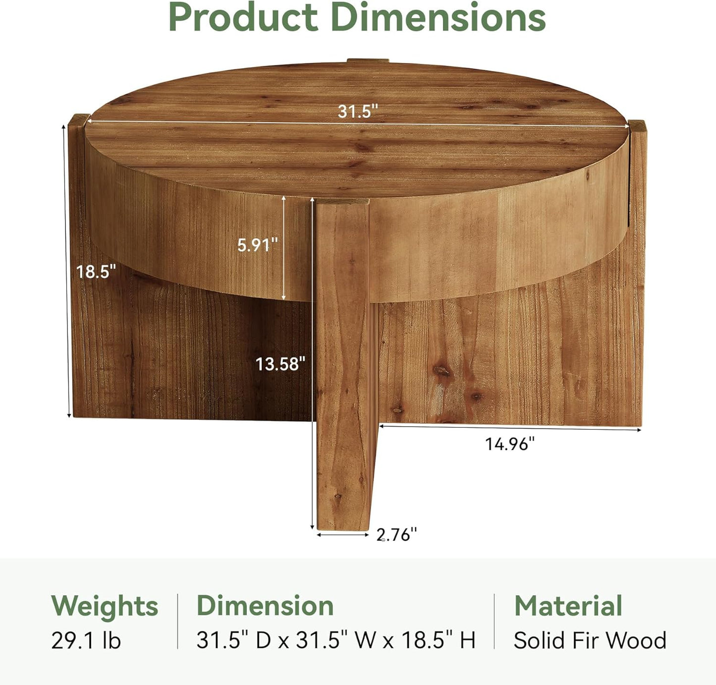 Solid Wood Round Coffee Table, 32 Inch Round Coffee Table for Living Room, Large Farmhouse Center Table with Thick Tabletop for Home, Easy Assembly, Rustic Brown