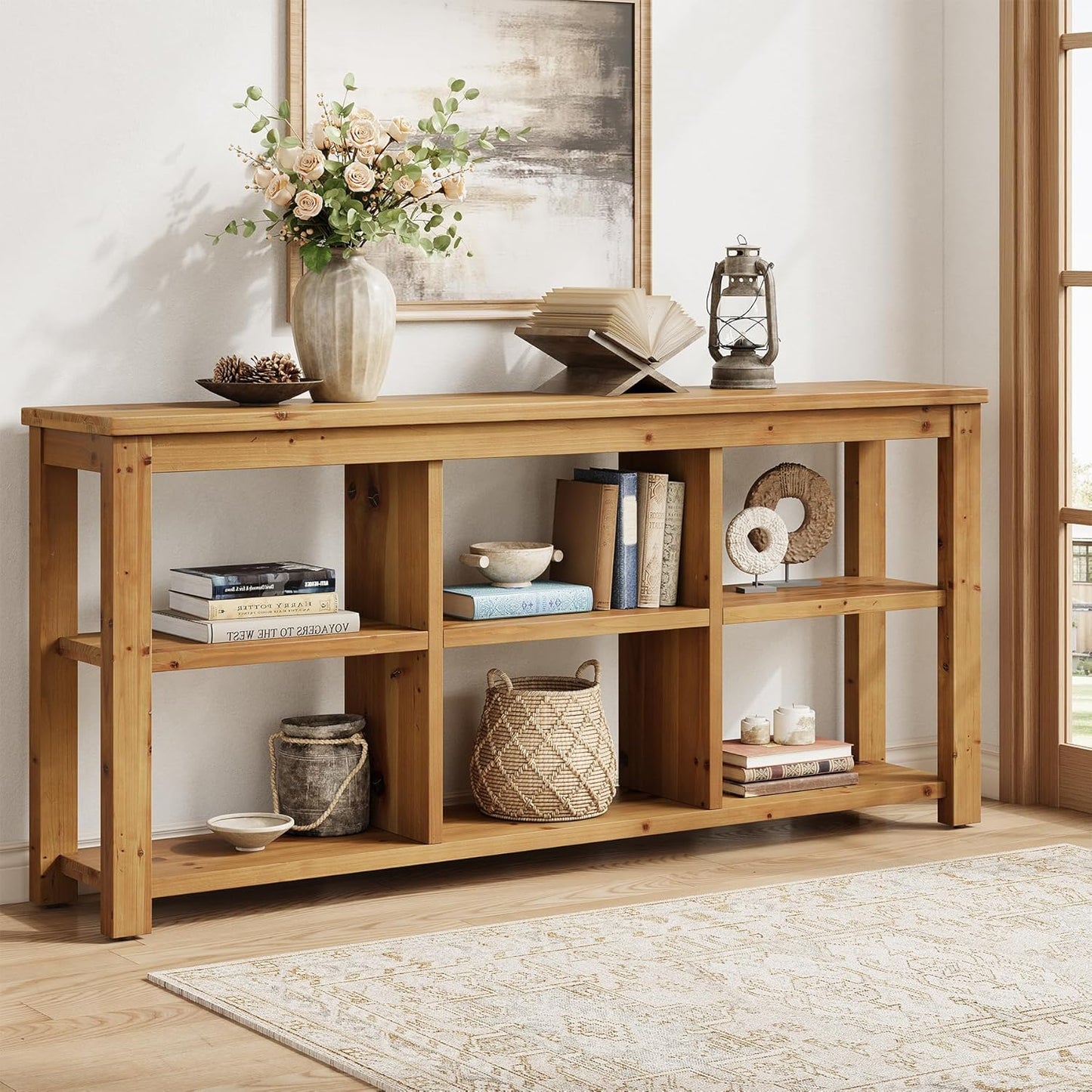 63-Inch Solid Wood Console Table for Entryway, 3-Tier Long Farmhouse Sofa Table with 6 Storage Cubes for Living Room, Hallway, Brown