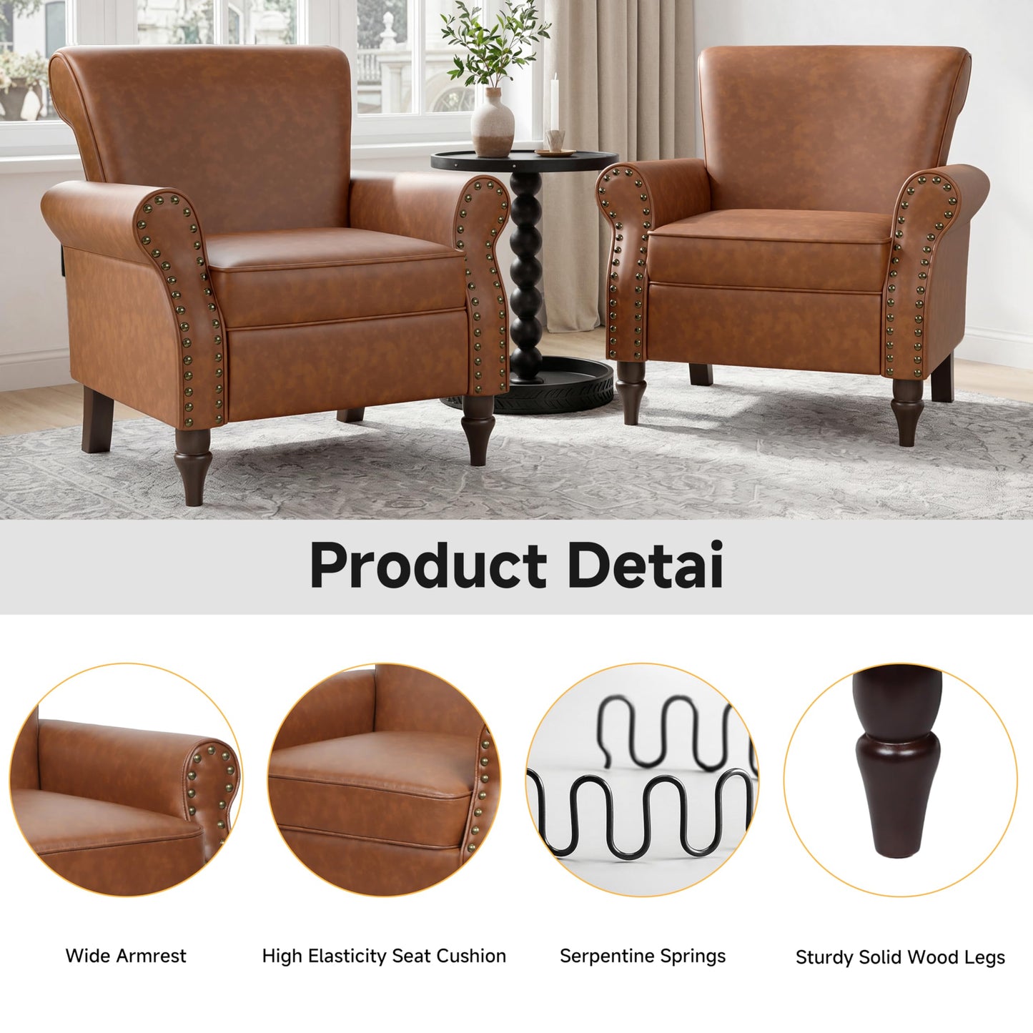Wingback Accent Chairs Set of 2, Mid-Century Modern Upholstered Armchair Living Room Chair with Nailhead Trim & Rolled Armrest, Comfy Lounge Chair Single Sofa Chair for Bedroom, Light Blue