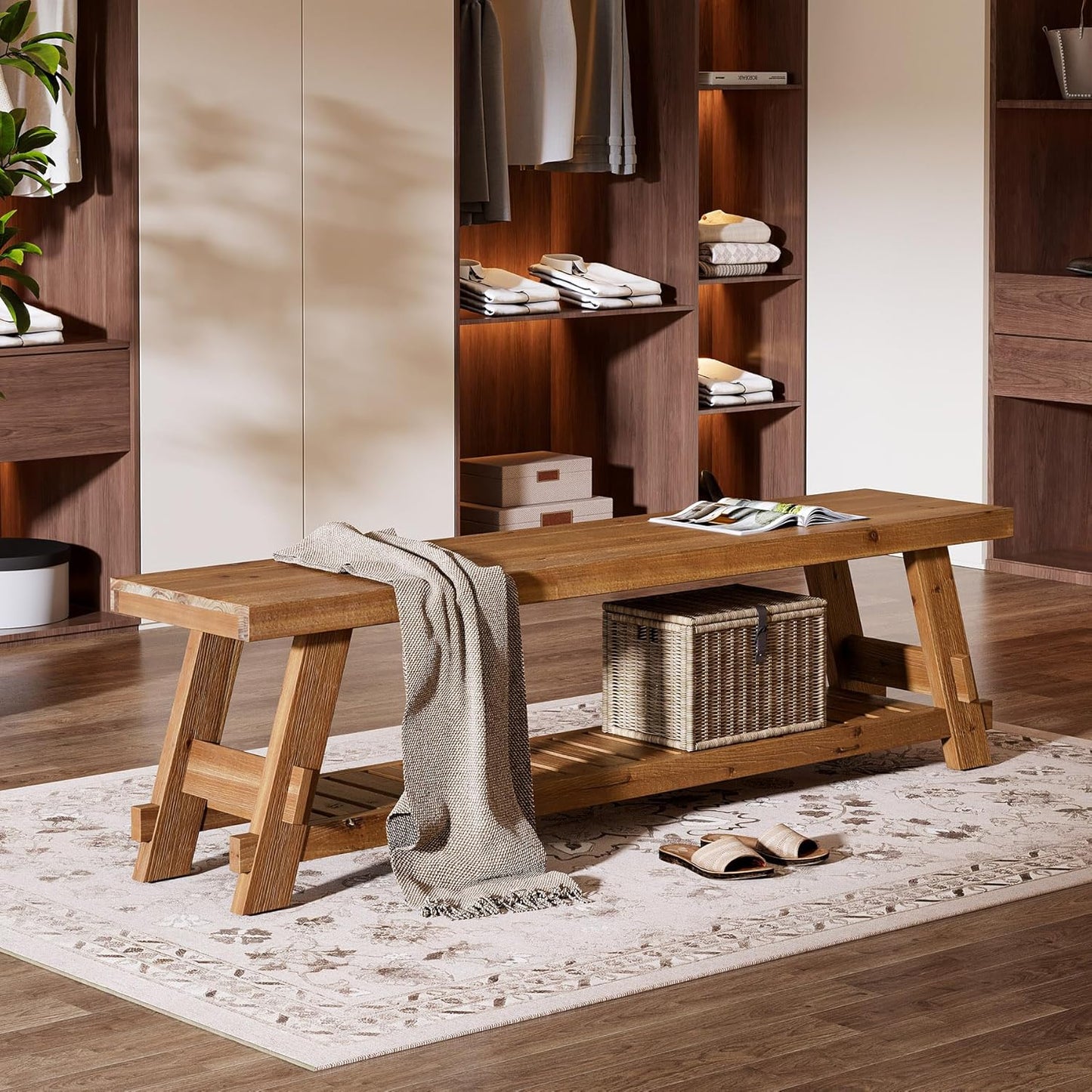 63" Solid Wood Bench, 2-Tier Shoe Rack, Farmhouse Entryway Bench with Shoe Storage, Kitchen Dining Bench, Narrow Shoe Storage Bench for Entryway, Bedroom, Mudroom, Living Room, Rustic Brown