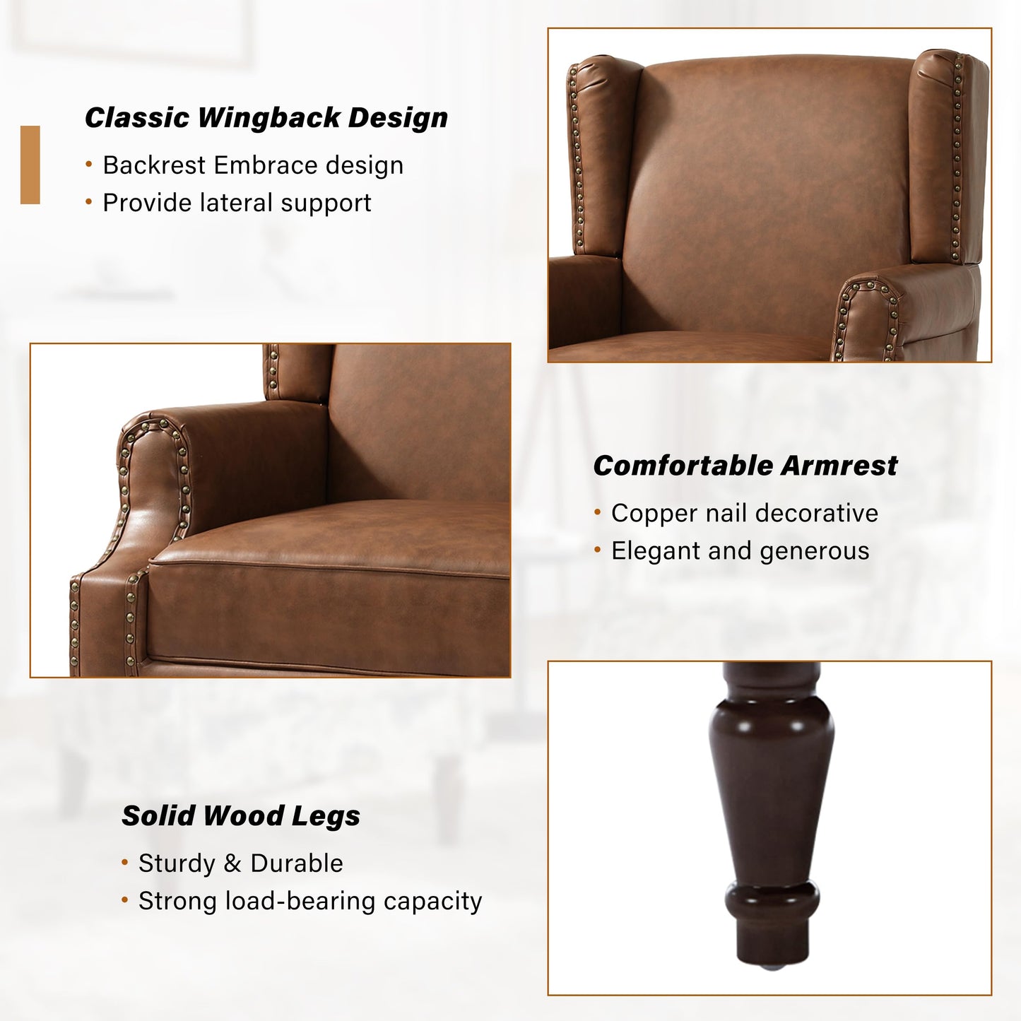 Floral Wingback Accent Chair, High Back Upholstered Armchair, Comfy Fabric Wingback Arms Chairs with Solid Wood Legs, Single Sofa Reading Chair for Bedroom Living Room, Beige