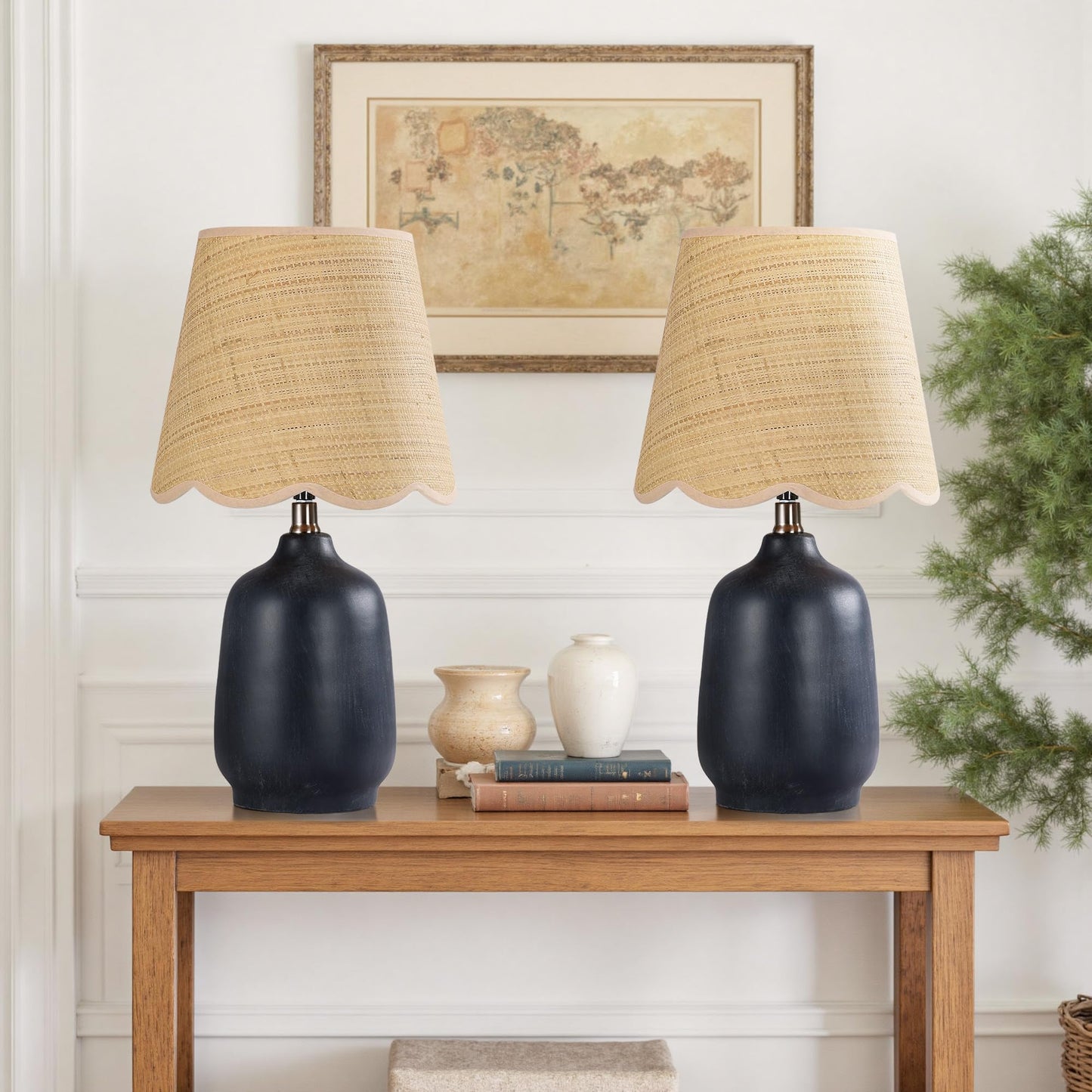 Farmhouse Ceramic Table Lamp, 21" Rustic Table Lamp with Linen Shade, 3-Way Dimmable Bedside Nightstand Lamps for Bedroom, Living Room, E26 Socket, Dark Grey