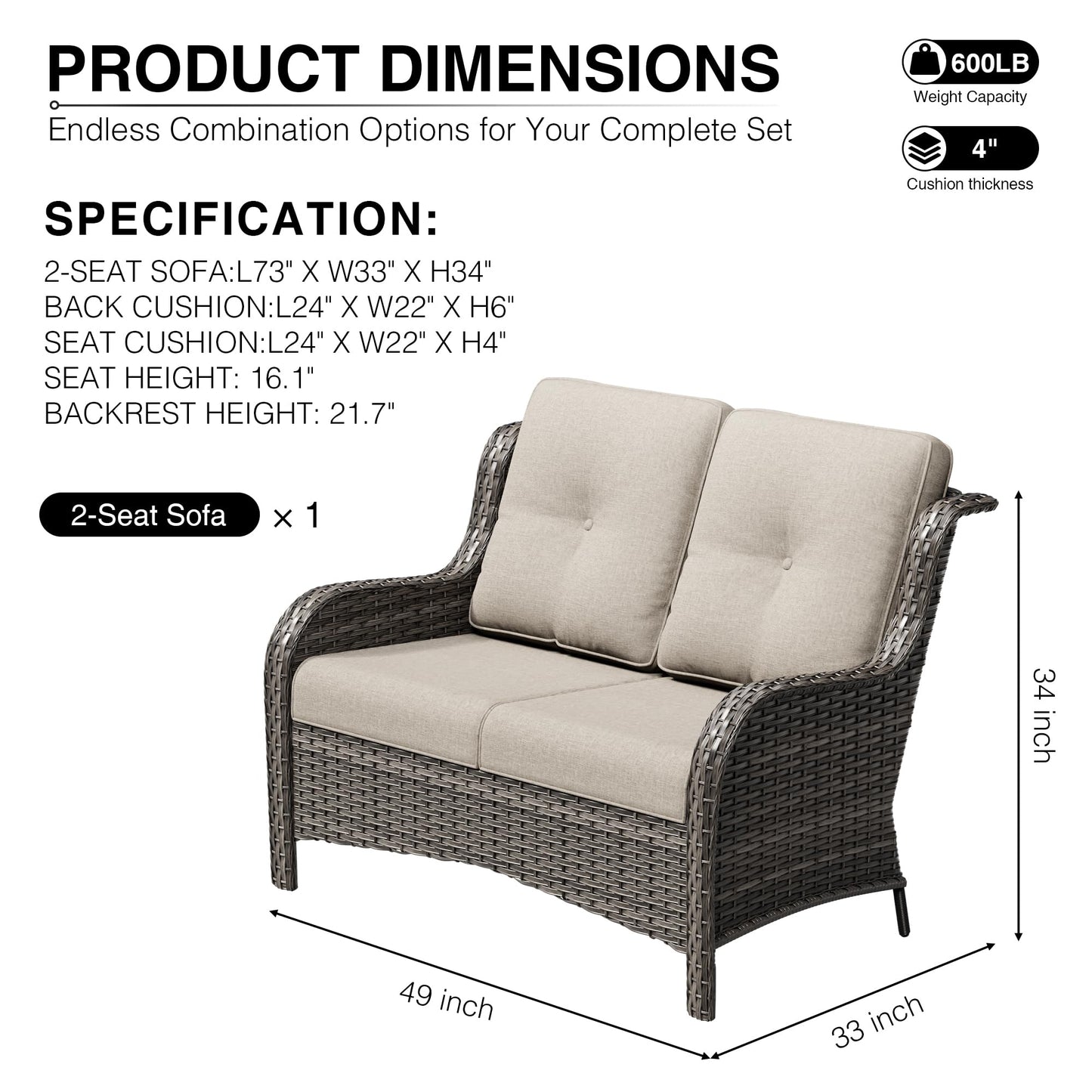 Joyside Outdoor Patio Couch,Outdoor Wicker Loveseat with High Back, Deep Seating, Wide Armrest, Thickened Cushions, Patio Loveseat for Deck, Porch Use