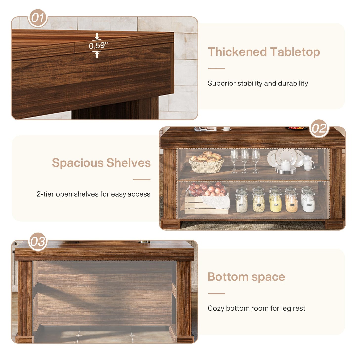 Tribesigns 55" Kitchen Island with Seating and Storage, 3-Tier Farmhouse Wood Stationary Island Table with Large Worktop & Leg Room, Coffee Bar Table with Storage Shelves for Kitchen, White and Brown