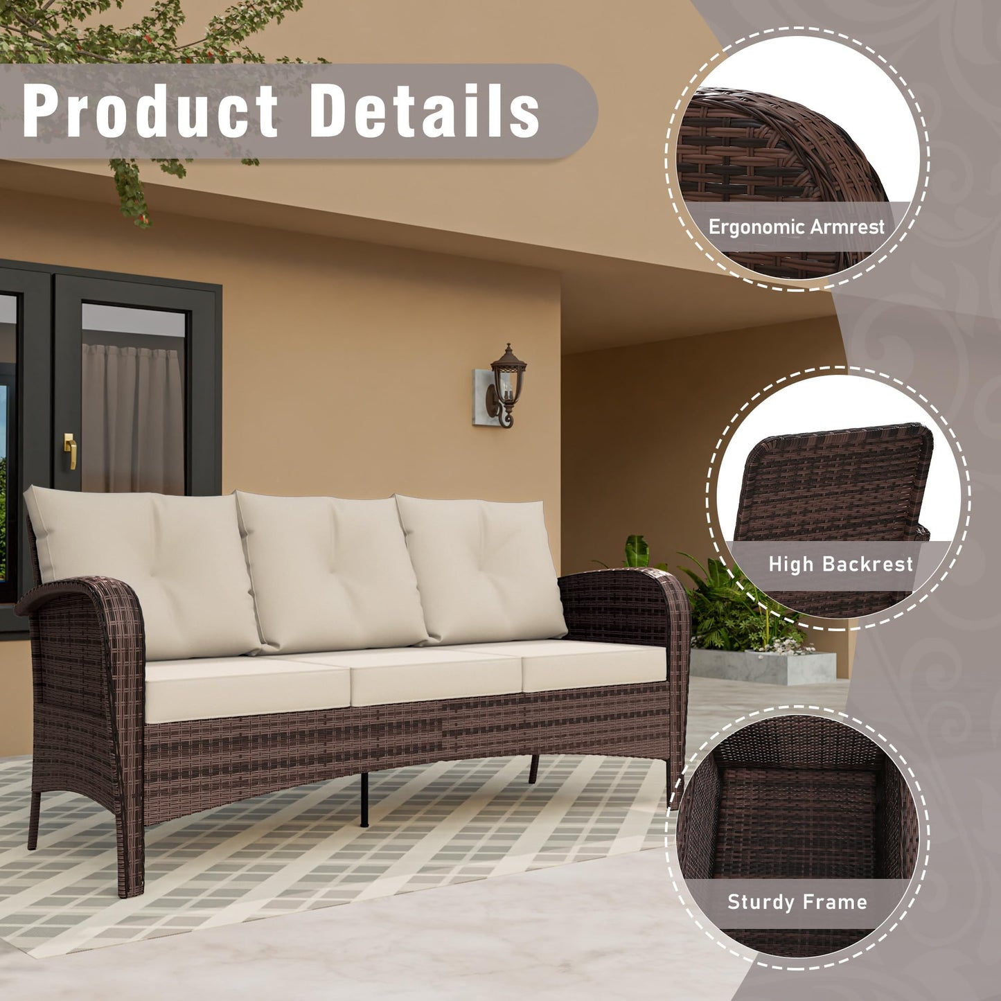 4 Piece Patio Conversation Set - 2 Swivel Chairs 1 Coffee Table 3-Seater Sofa, PE Wicker & Steel Patio Furniture with Heavy-Duty Steel Frame,Weatherproof Cushions, Red
