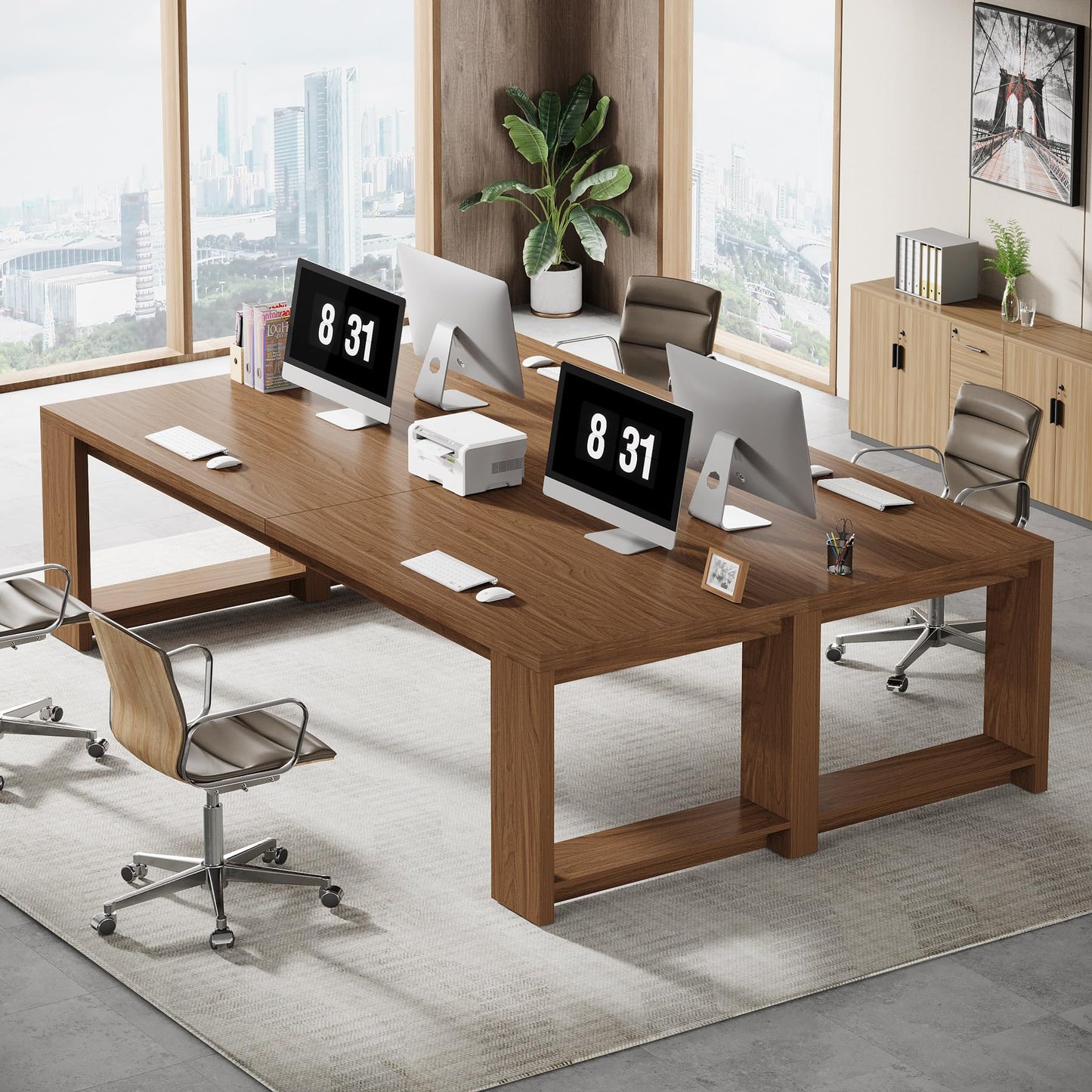Tribesigns Two Person Desk, 86.6 Inches Extra Long Desk, Double Computer Writing Table, Wood Large Desks Workstation for Home Office, Natural Wood