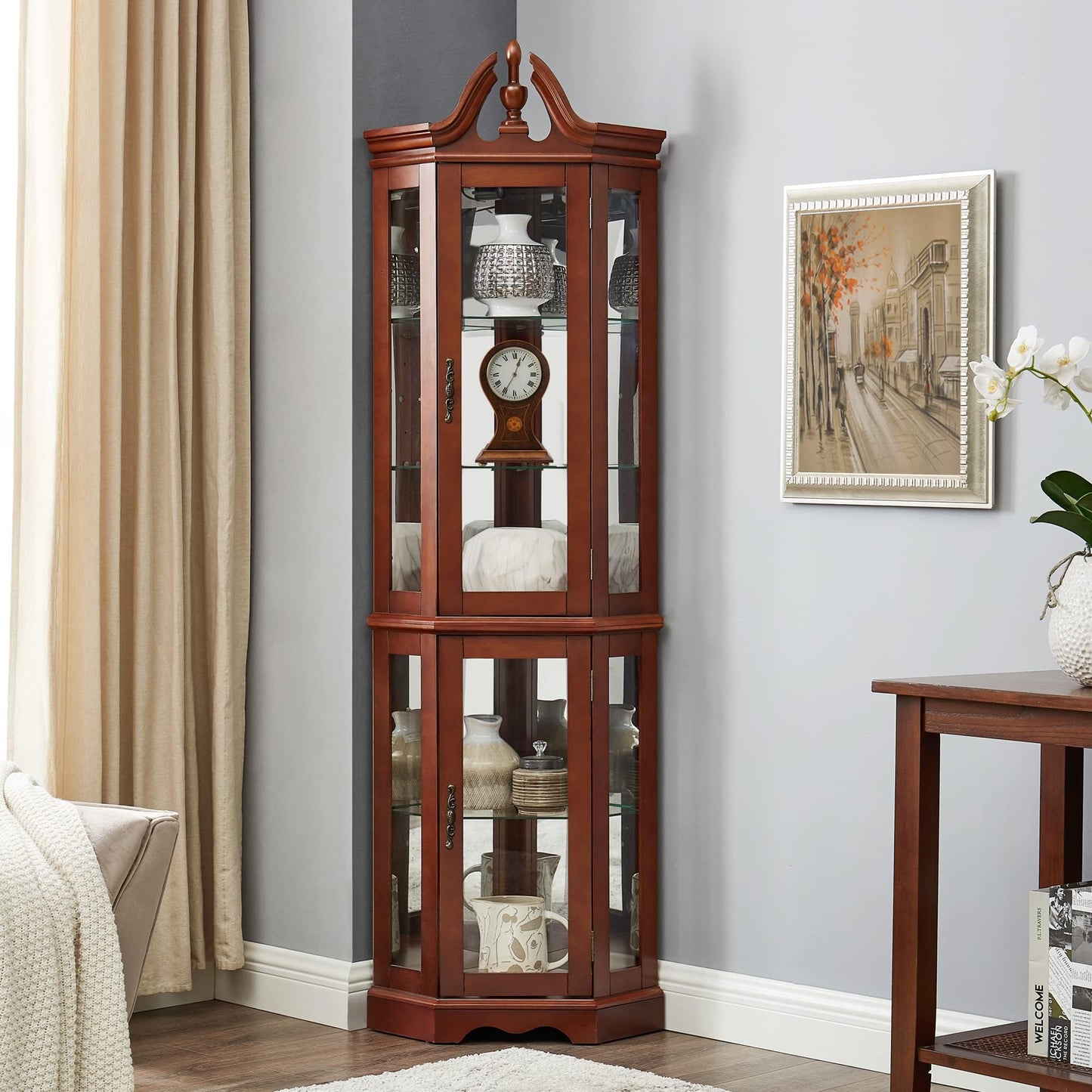 LKTART Corner Storage Cabinet,Glass Display Cabinet with Lights,Corner Curio Cabinet with Tempered Glass Doors and Shelves(70.5" T x15.4 D x 21.7" W Walnut)