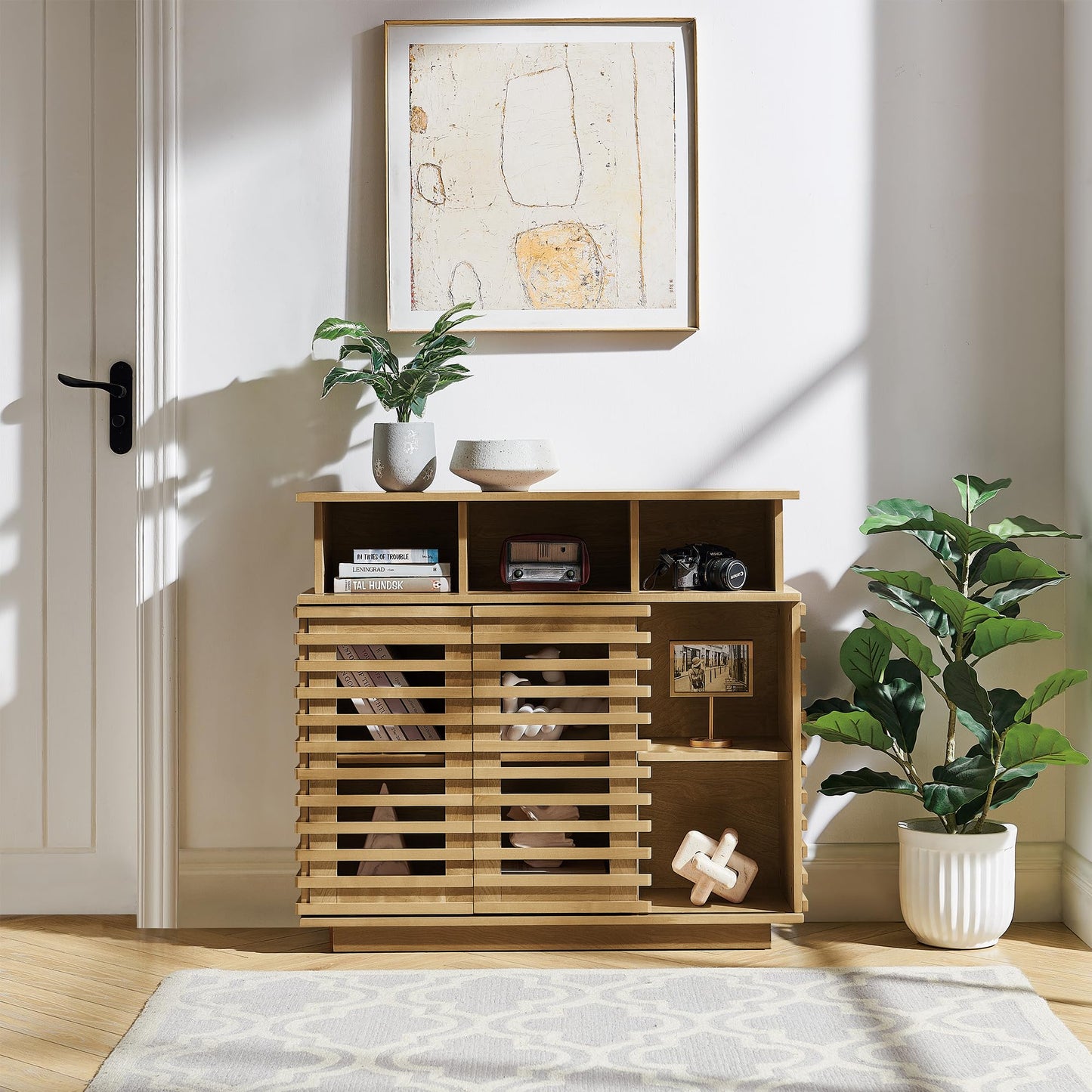 LKTART 63" Rattan Sideboard Buffet Cabinet,Kitchen Storage Cabinet,Wood Coffee Bars with 4 Doors & Open Storage Shelves,Mid Century Modern Credenza Console Table for Living Room,Walnut