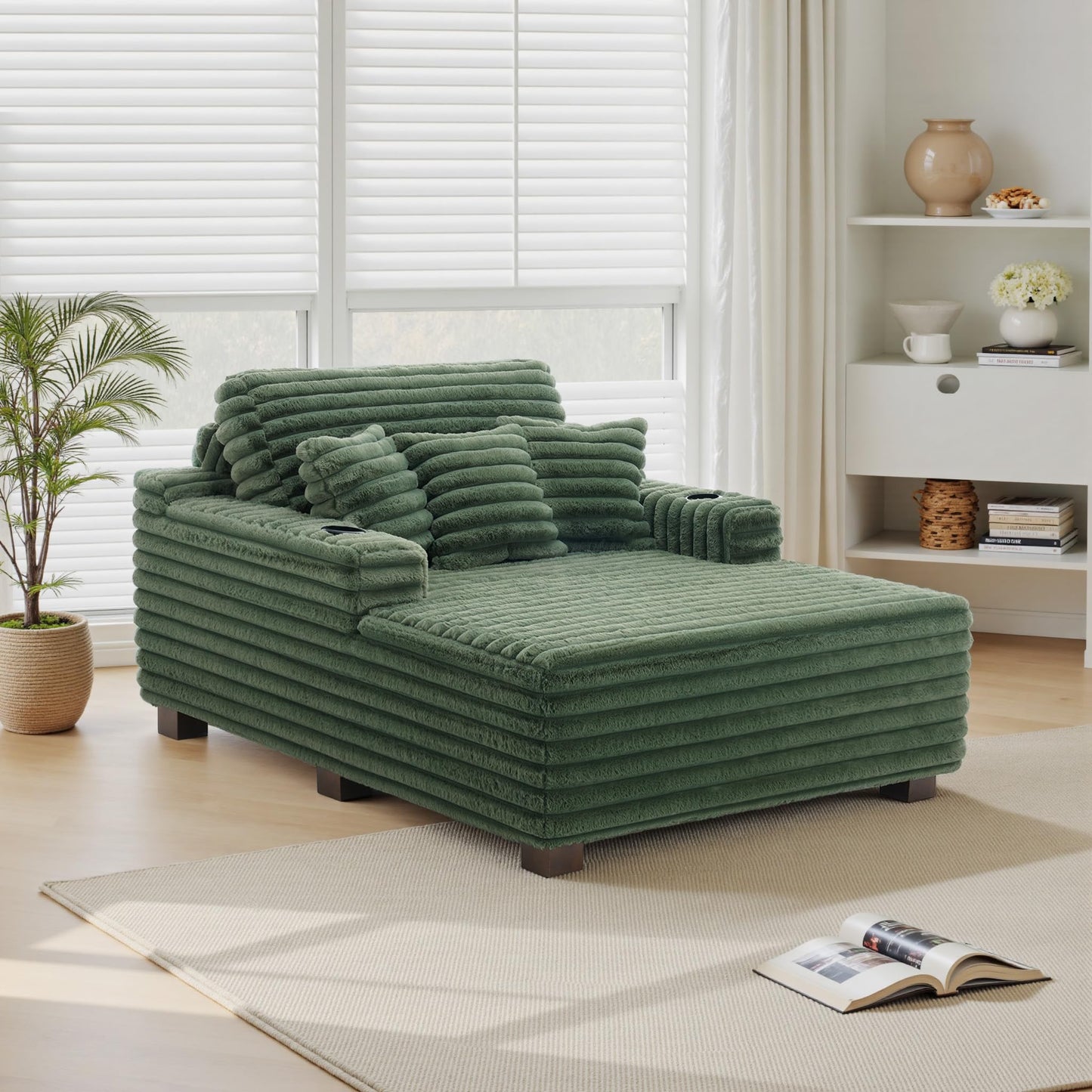 59" Chaise Lounge Chair Indoor, Upholstered Oversized Sleeper Sofa Bed Reading Chairs with 3 Soft Pillows & 2 Cup Holders, Comfy Cloud Deep Seat Sofa for Living Room Bedroom, Set of 2, Navy
