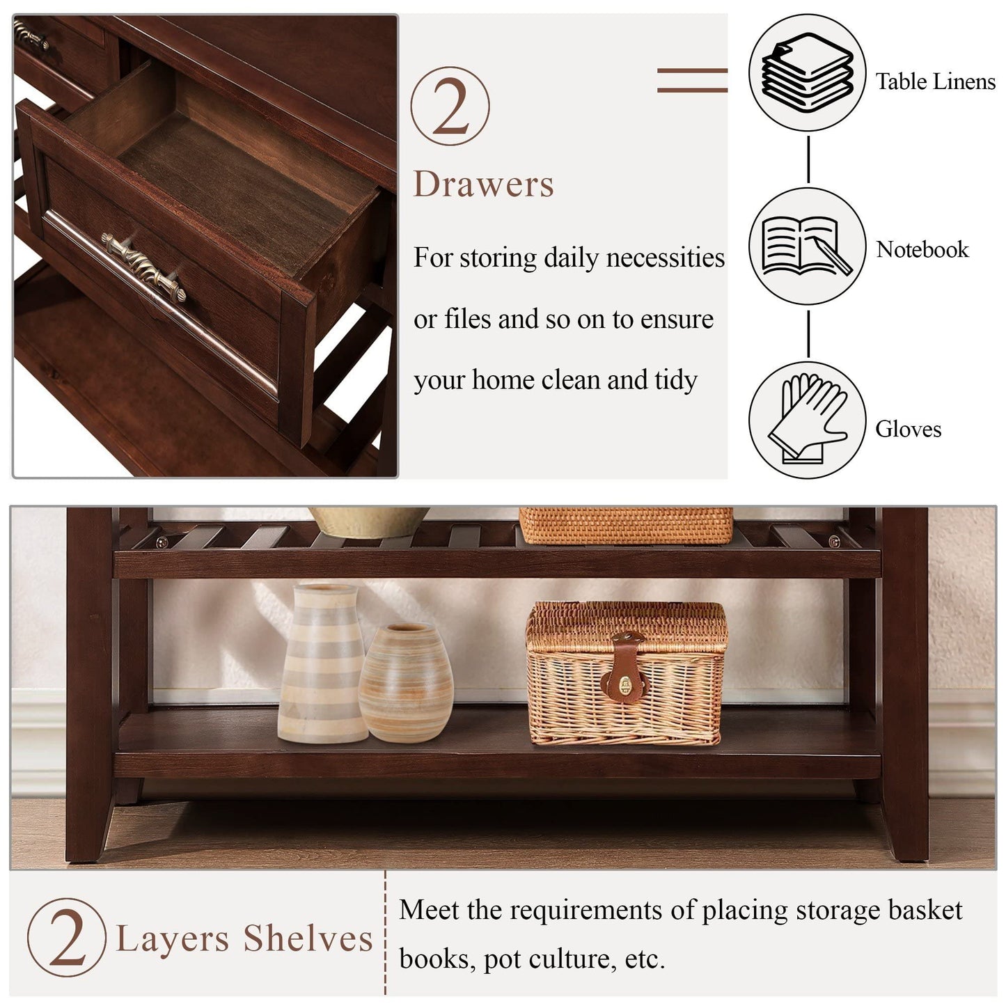 LKTART Solid Wood Console Table Sofa Tables with Drawers and Shelves Small Entryway Table for Living Room,Behind the Couch Table,Foyer(42" Espresso)